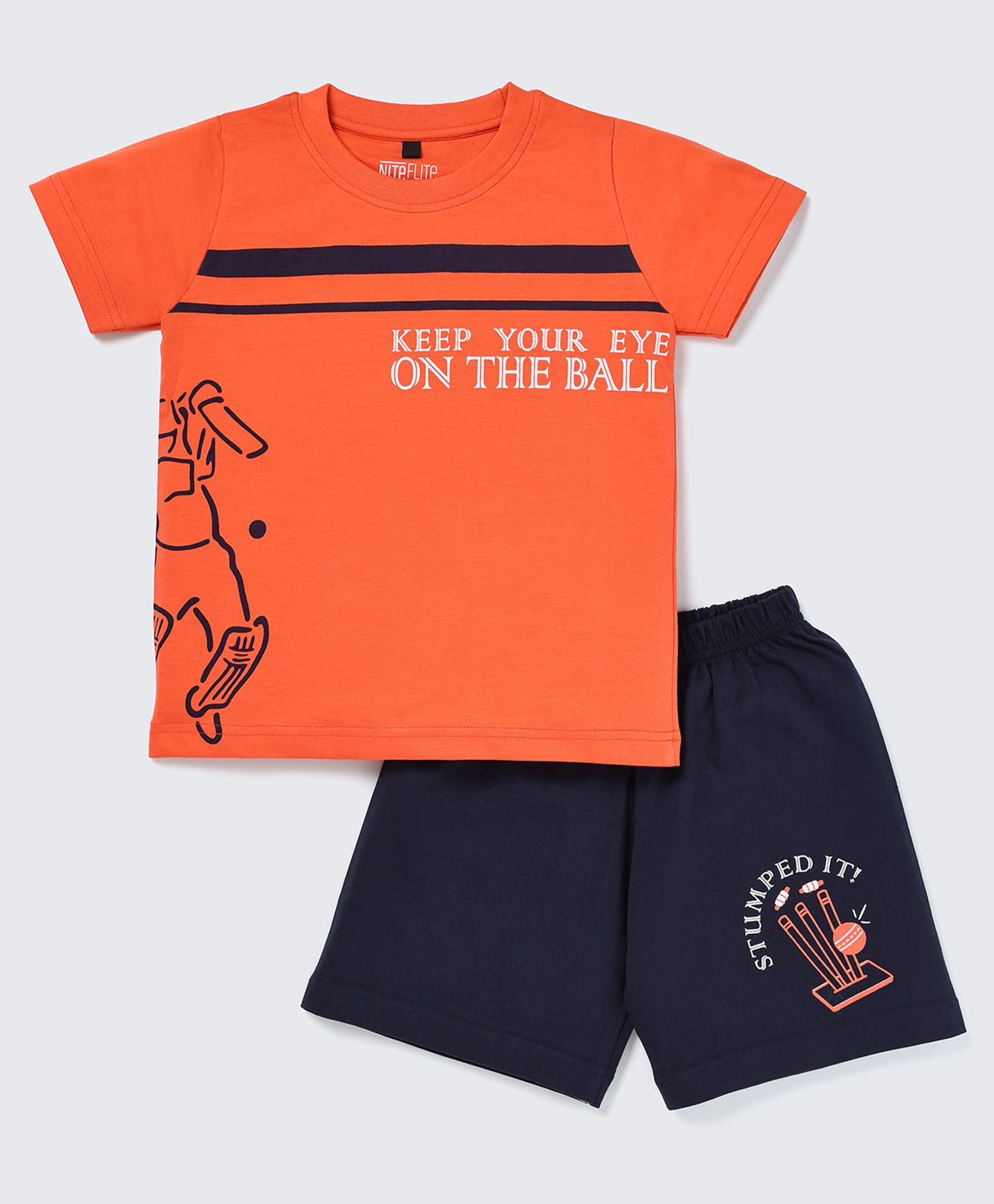 Nite Flite Cotton Knit Half Sleeves Keep Your Eyes On The Ball Text Printed Tee & Shorts Night Suit - Multi Colour-image-42
