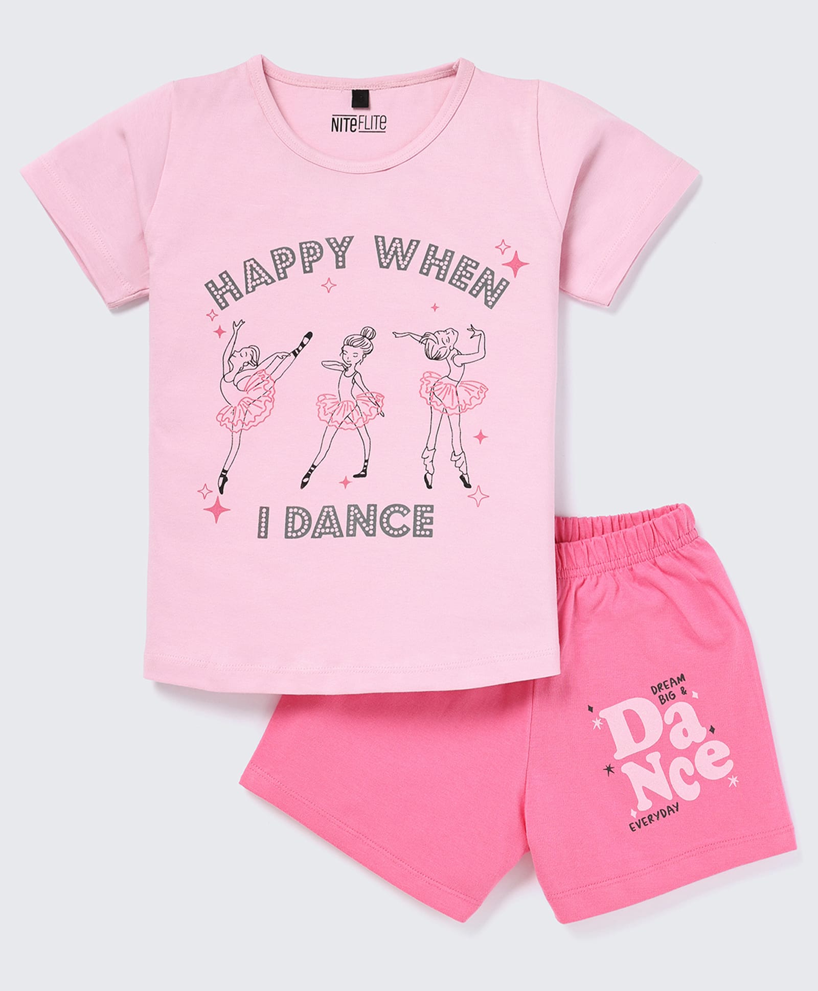 Nite Flite Cotton Knit Half Sleeves Happy When I Dance Text Printed Tee & Shorts Night Suit - Multi Colour-picture-40