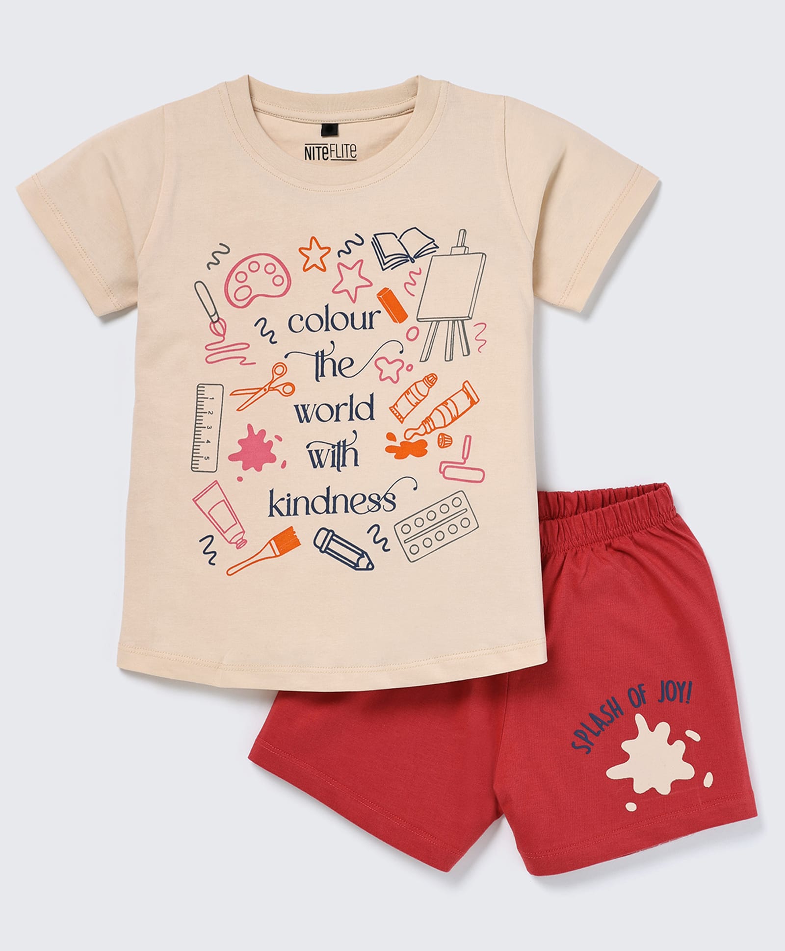 Nite Flite Cotton Knit Half Sleeves Colour The World With Kindness Text Printed Tee & Shorts Night Suit - Multi Colour-picture-41