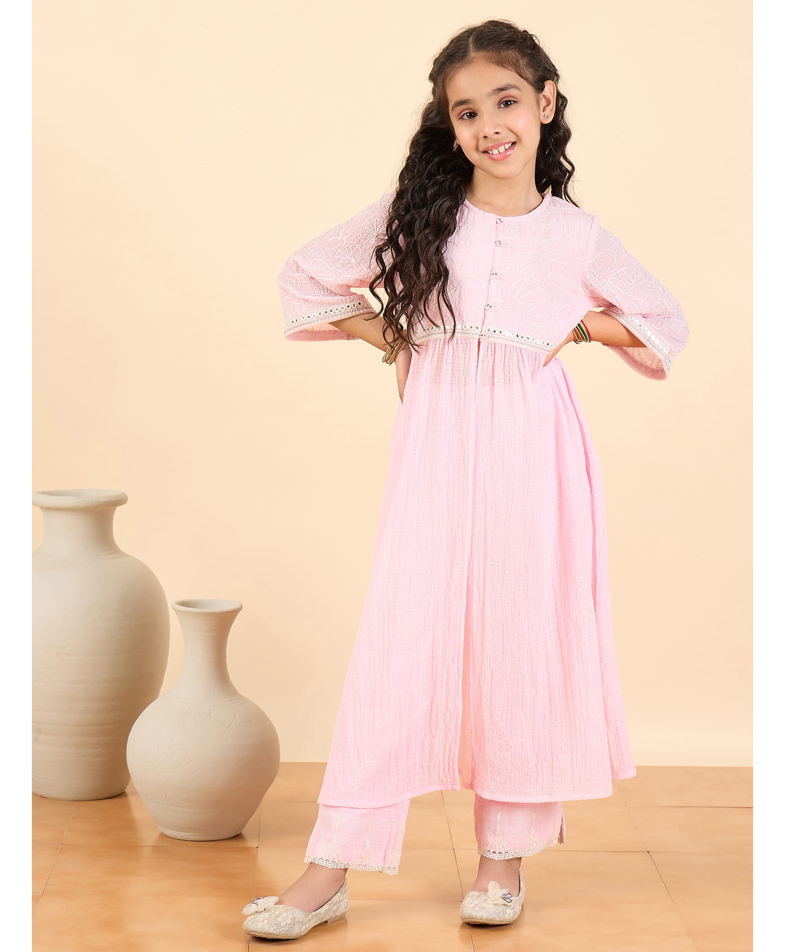 StyloBug Woven Three Fourth Sleeves Leaf Embroidered Kurti & Salwar Set - Pink-picture-8