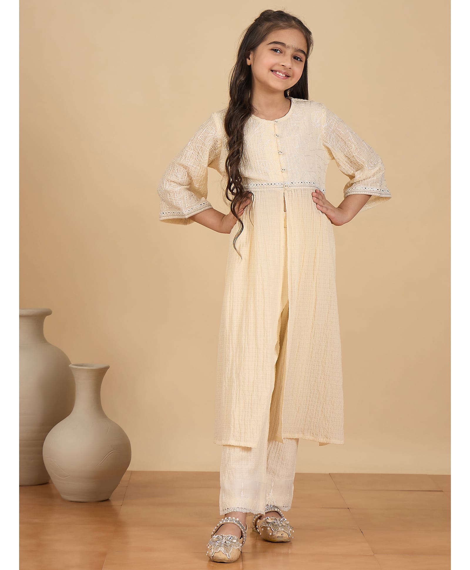 StyloBug Woven Three Fourth Sleeves Leaf Embroidered Kurti & Salwar Set - Cream-image-28