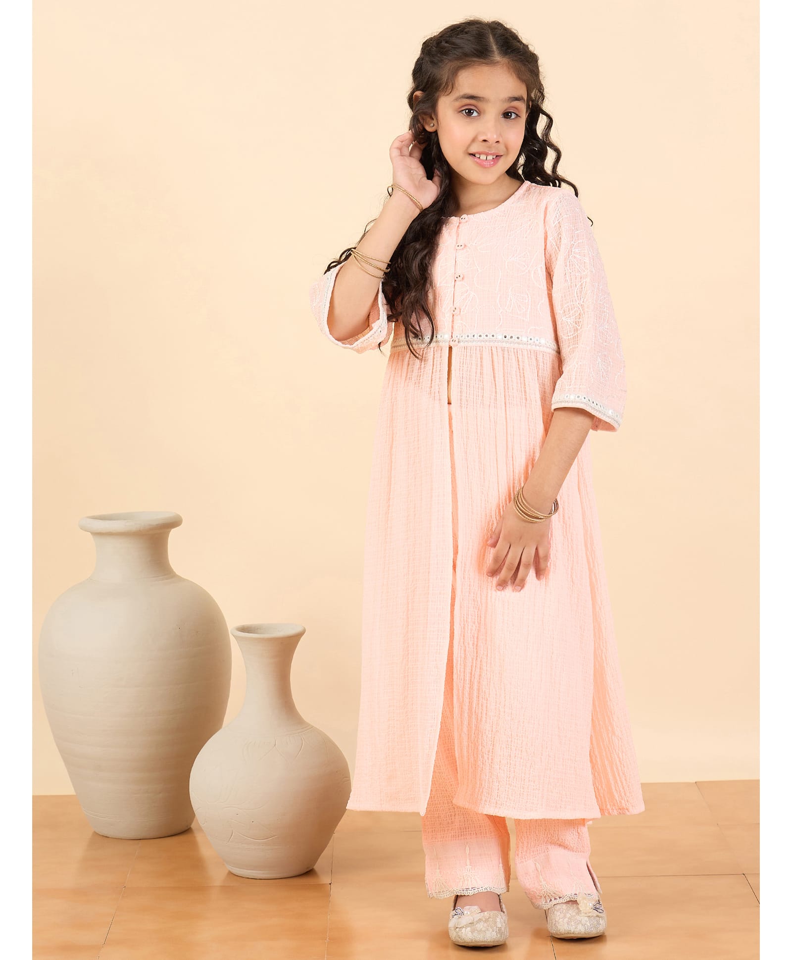 StyloBug Woven Three Fourth Sleeves Leaf Embroidered Kurti & Salwar Set - Peach-image-38