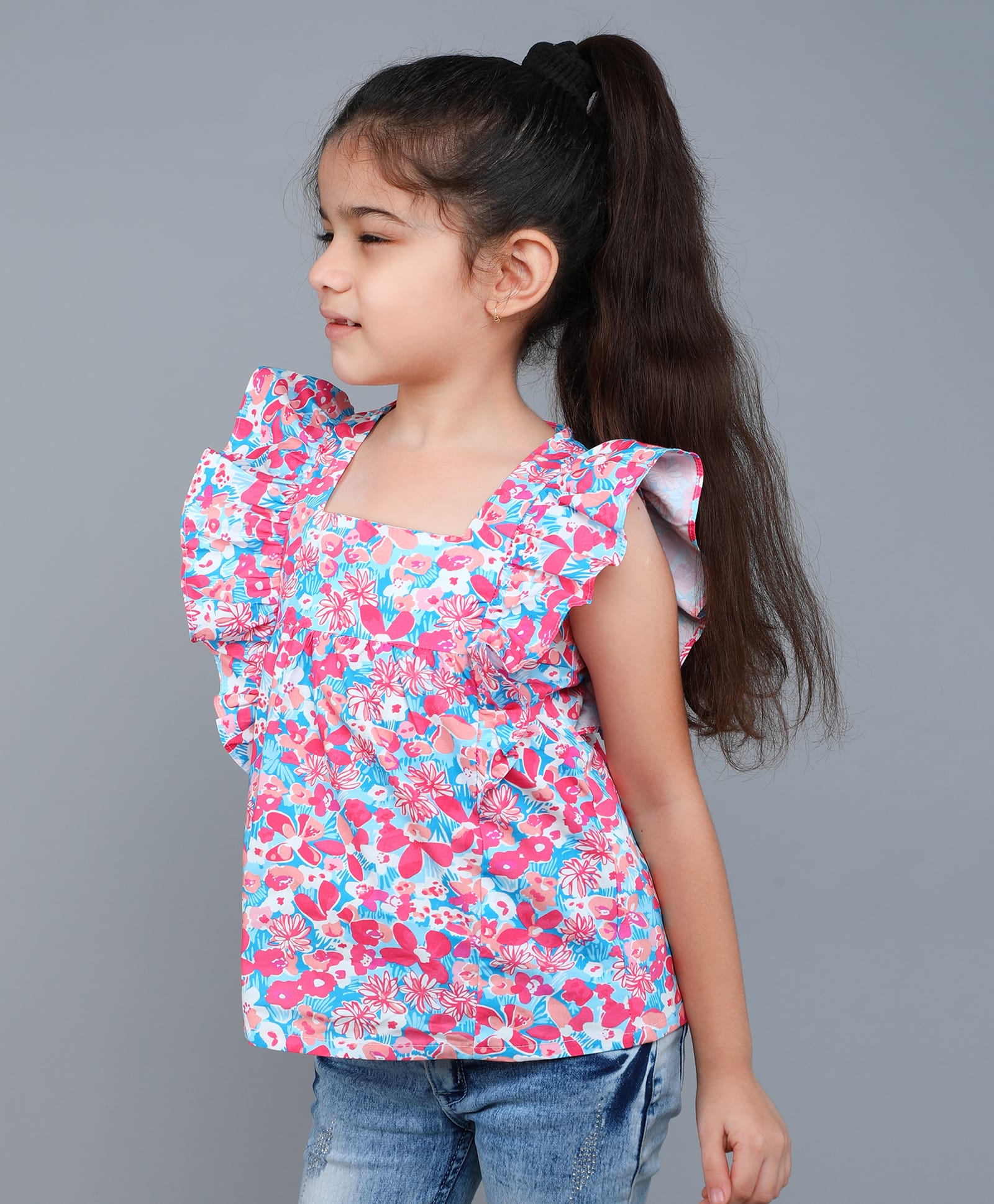 Funshine Cotton Woven Frill Sleeves Floral Printed Top - Pink-picture-23