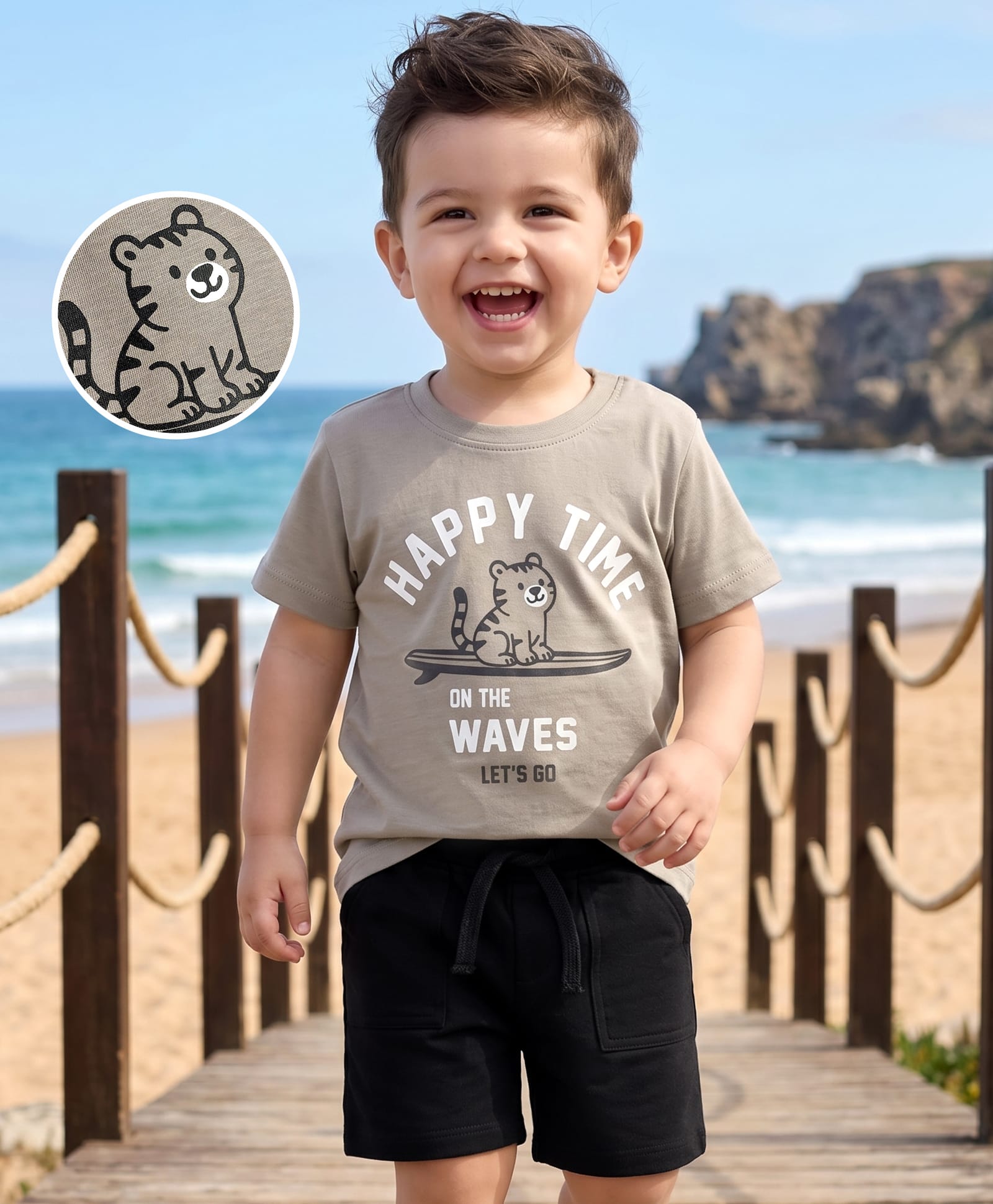 Babyhug Single Jersey Knit Half Sleeves T-Shirt & Shorts Set With Cat Print - Grey & Black-picture-18