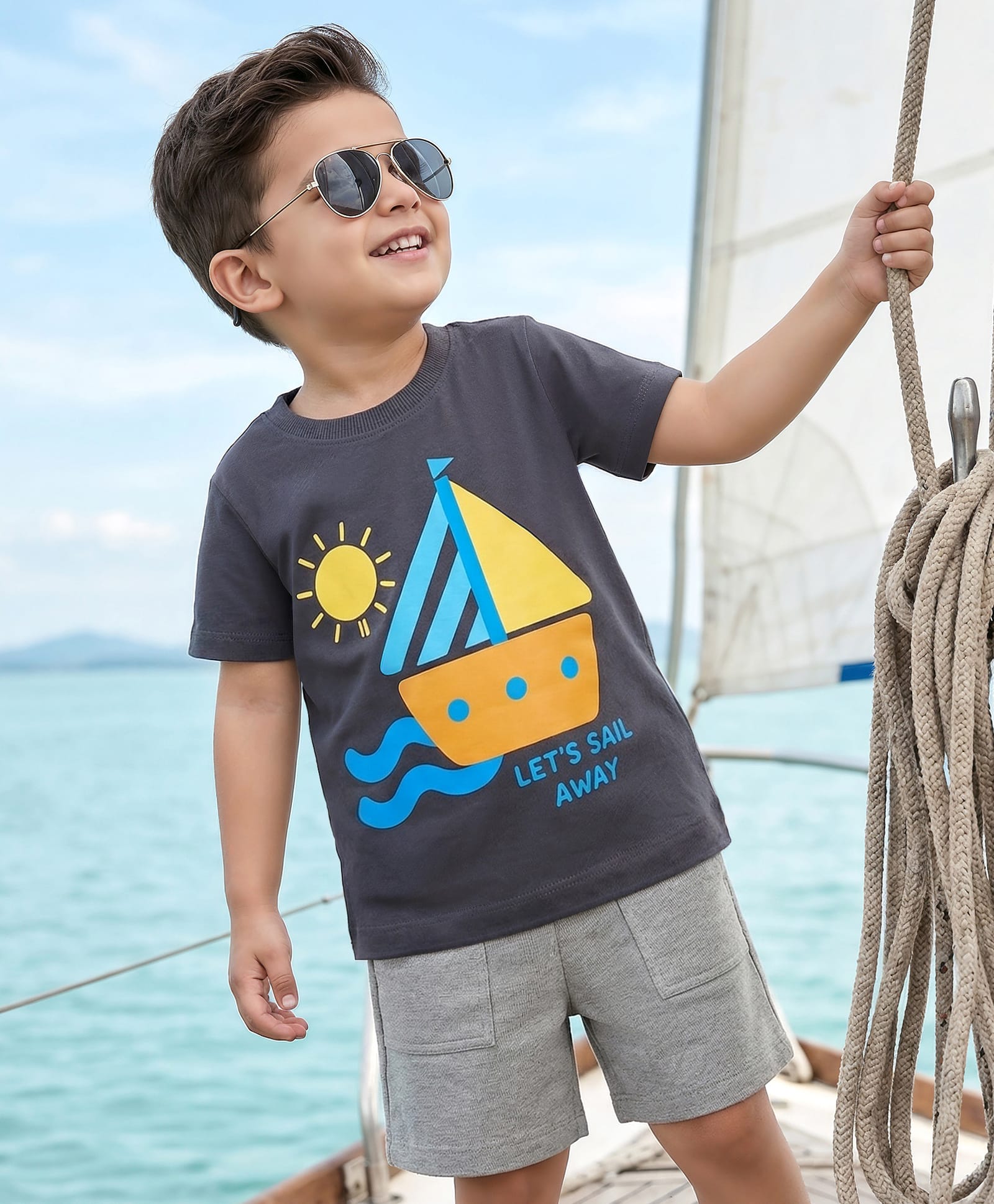 Babyhug Single Jersey Knit Half Sleeves T-Shirt & Shorts Set With Boat Print - Grey-image-49