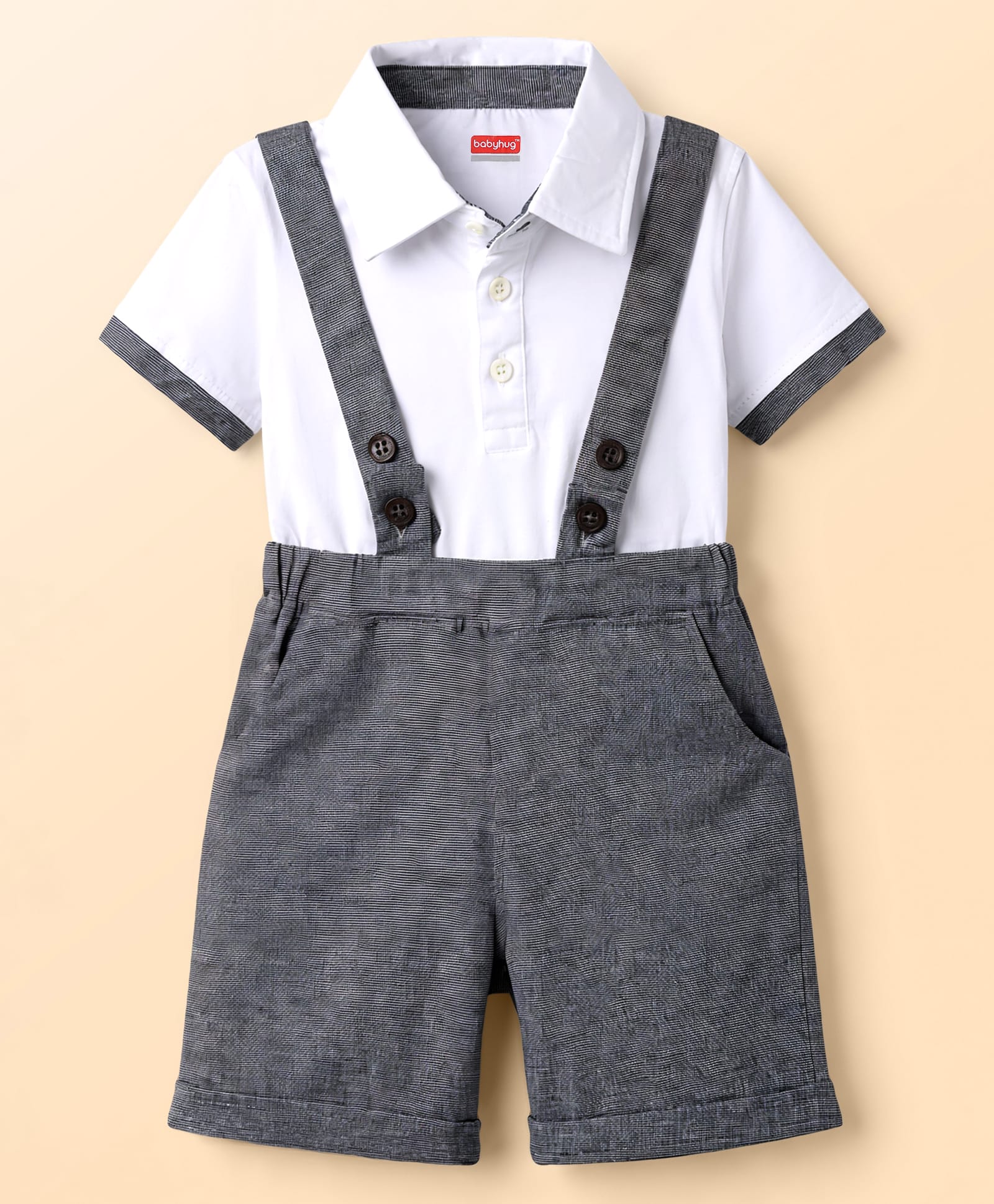 Babyhug Single Jersey Knit Half Sleeves Solid Polo T-Shirt & Shorts Set - White & Grey-image-33