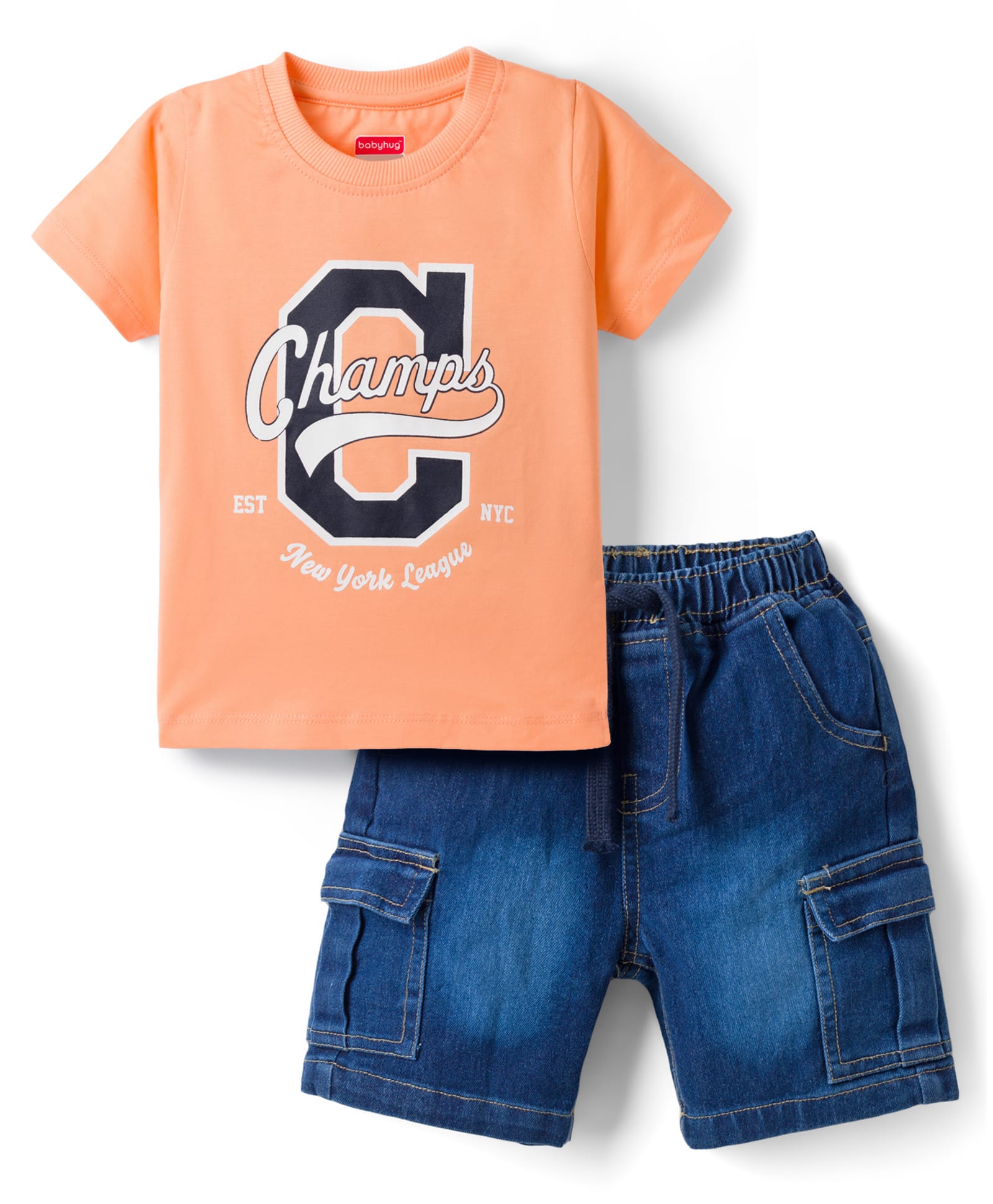 Babyhug Single Jersey Knit Half Sleeves T-Shirt & Denim Shorts Set With Text Print - Peach & Blue-picture-22