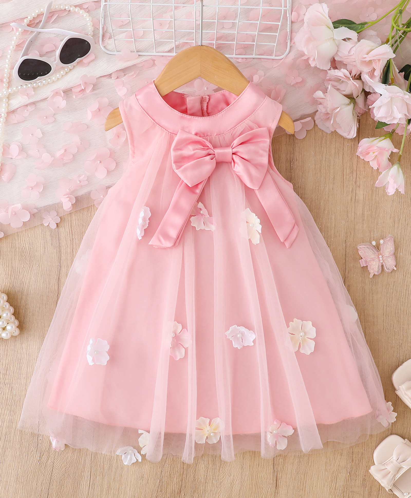 Mark & Mia Sleeveless Party Frock With Floral & Bow Applique - Pink-image-39