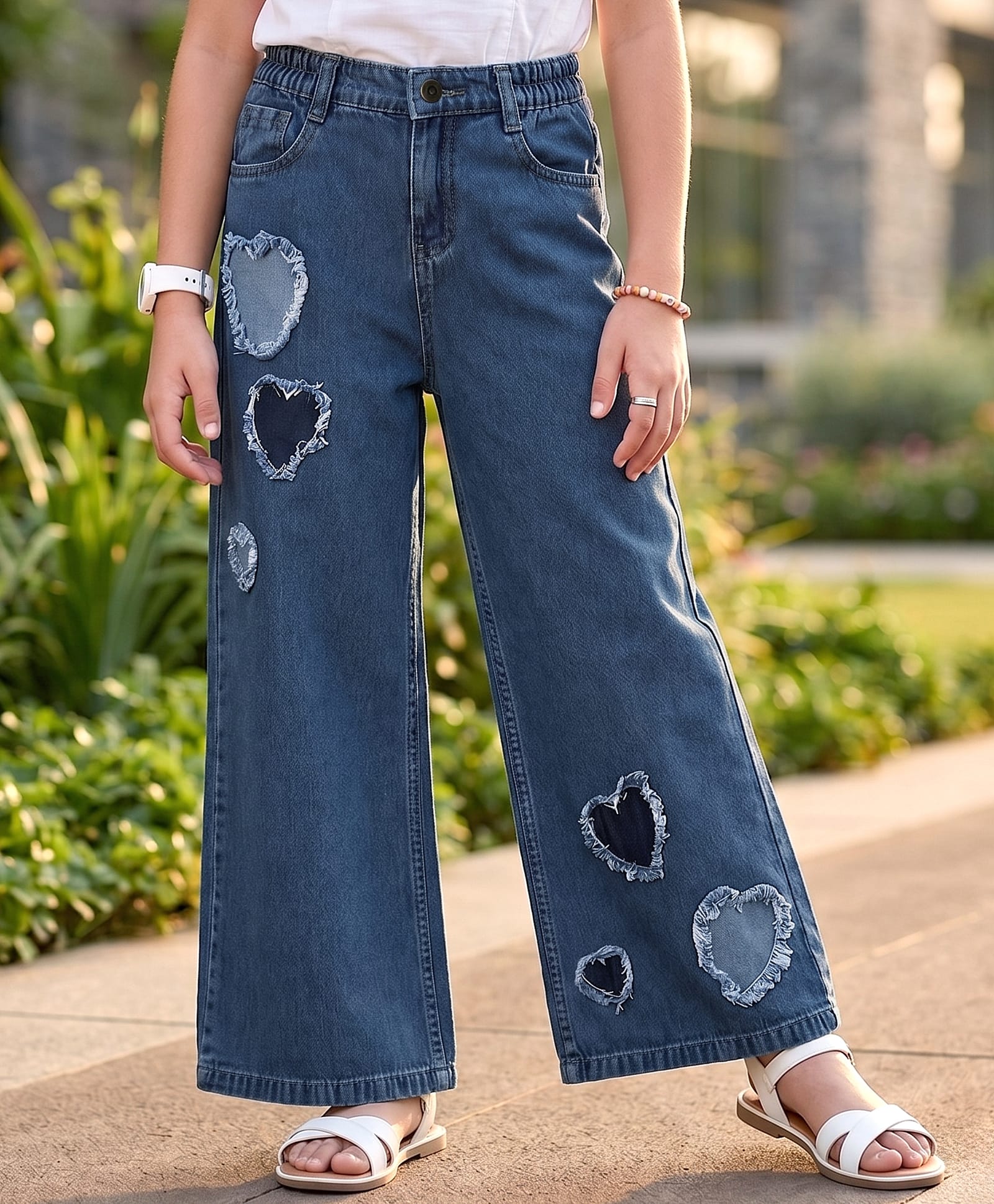 arias by lara dutta Arias Cotton Washed Full Length Jeans With Distressed Heart Detailing - Blue-picture-15