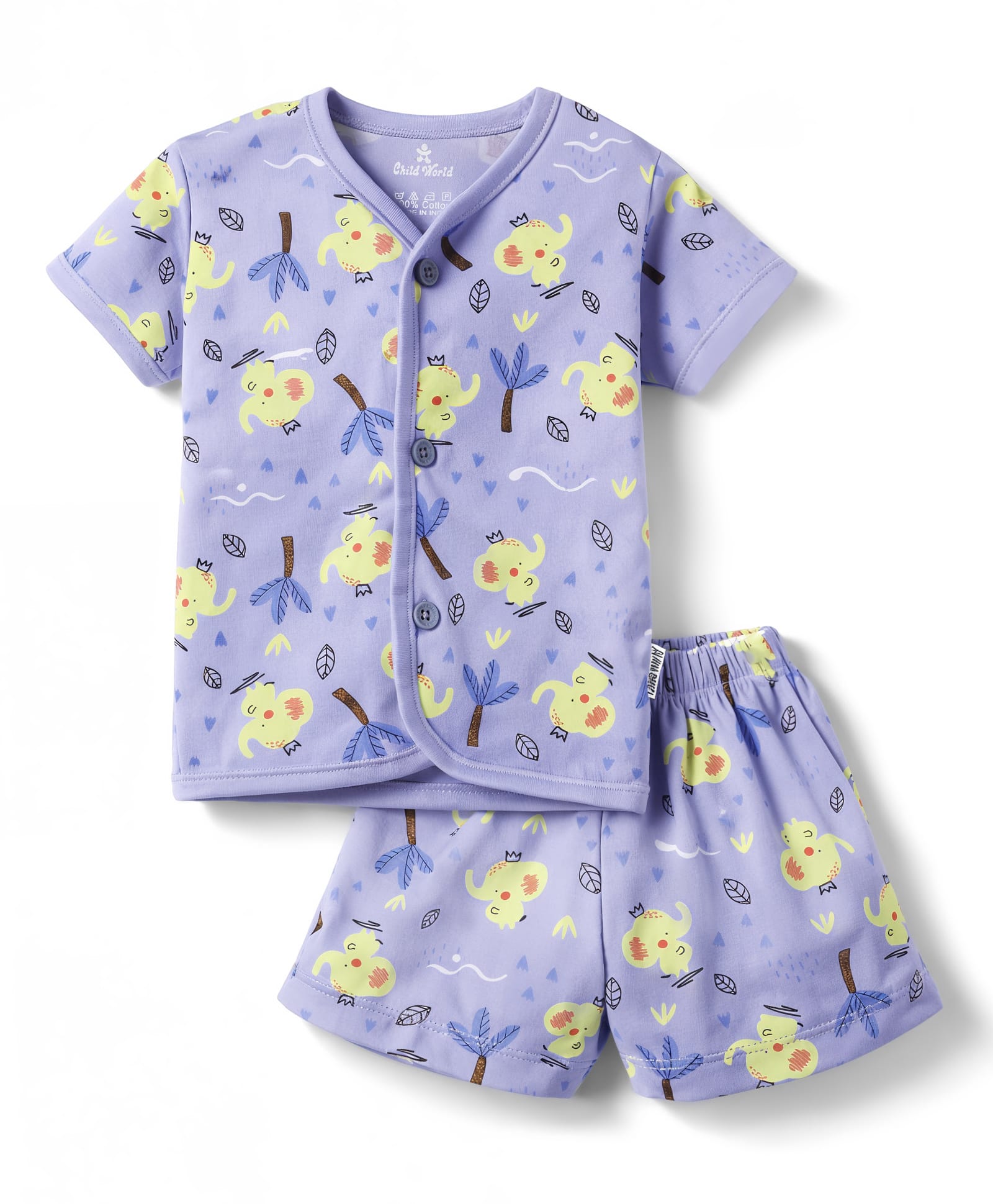 Child World Interlock Knit Half Sleeves Co-Ord T-Shirt & Shorts Night-Suit With Elephant & Jungle Print - Purple-picture-41