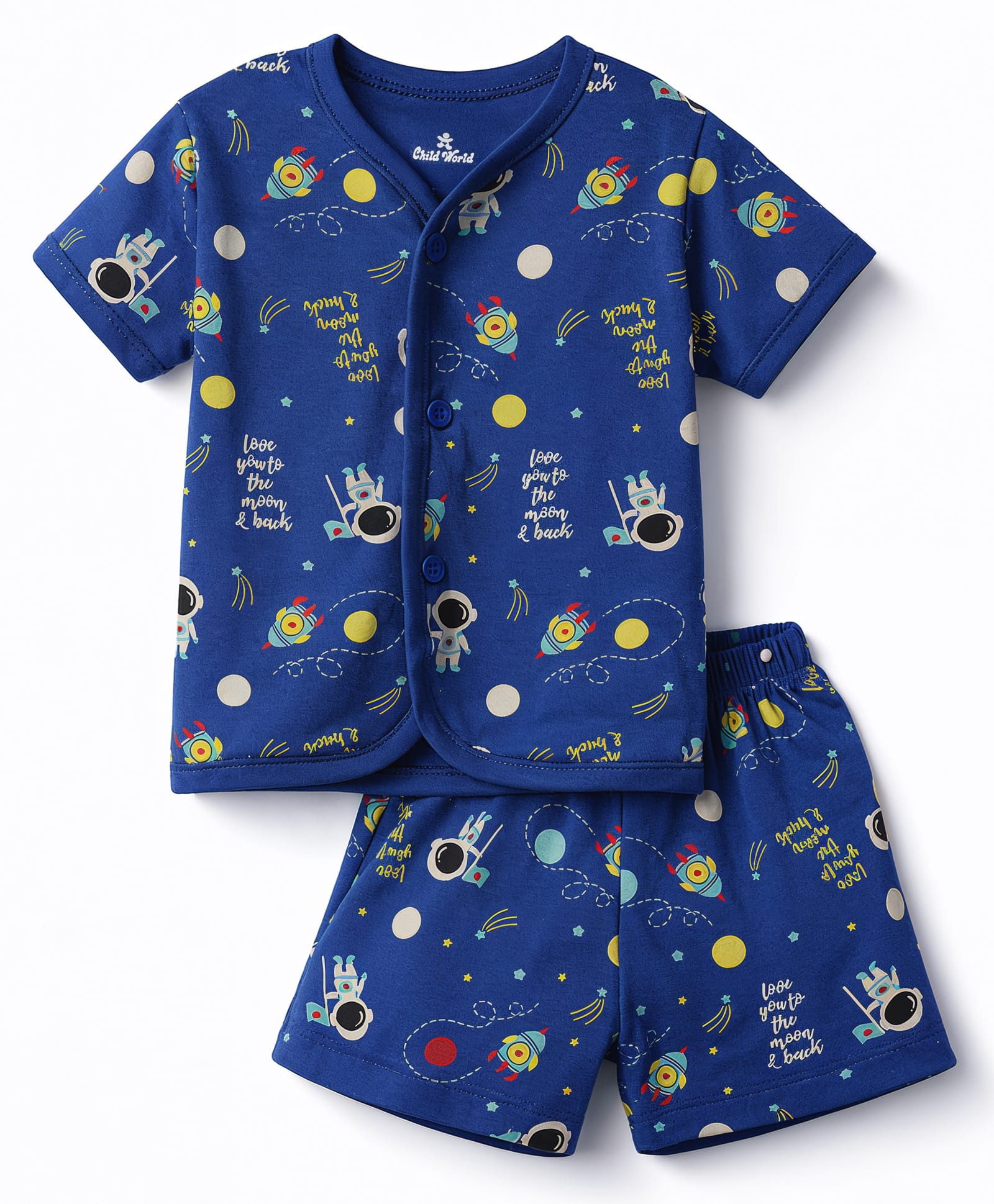 Child World Interlock Knit Half Sleeves Co-Ord T-Shirt & Shorts Night-Suit With Space Print - Navy Blue-picture-14