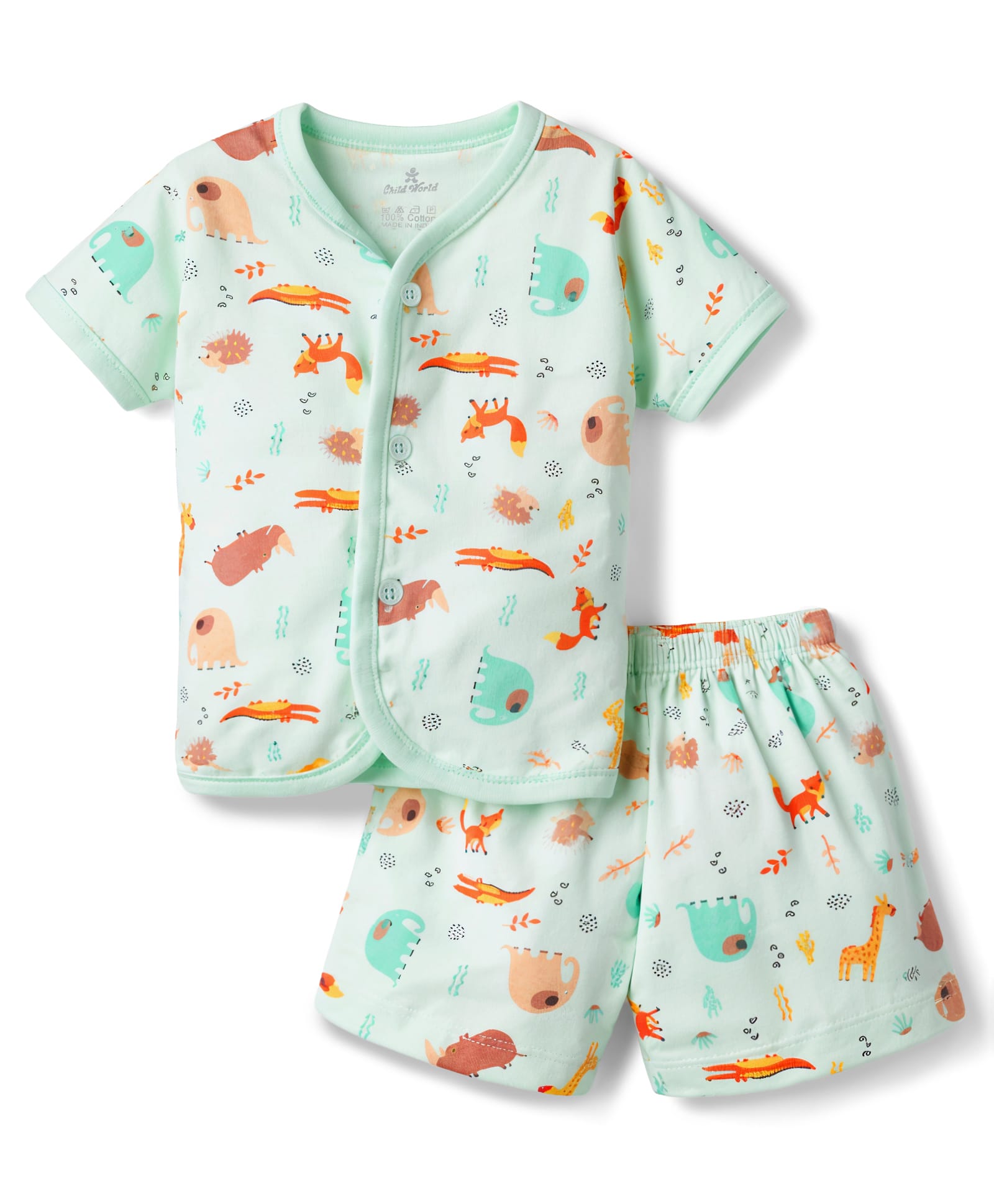 Child World Interlock Knit Half Sleeves T-Shirt & Shorts Night-Suit With Animal Print - Green-picture-24