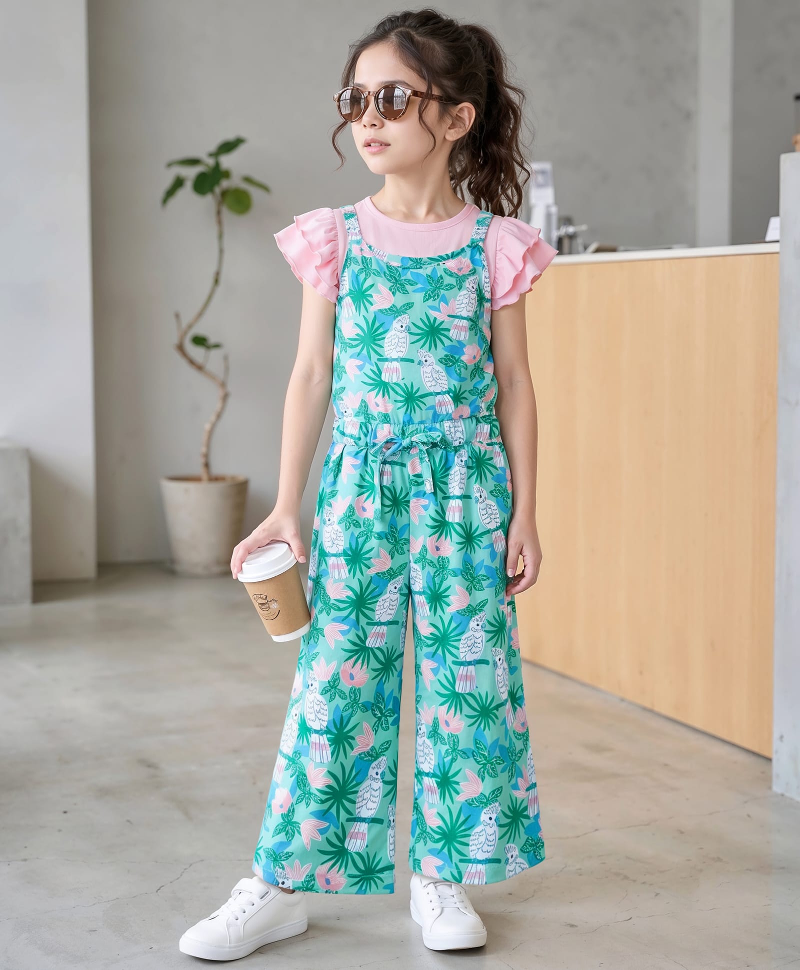 OLLINGTON ST. Cotton Knit Birds & Floral Printed Dungaree with Inner tee - Multicolour & Peach-image-14