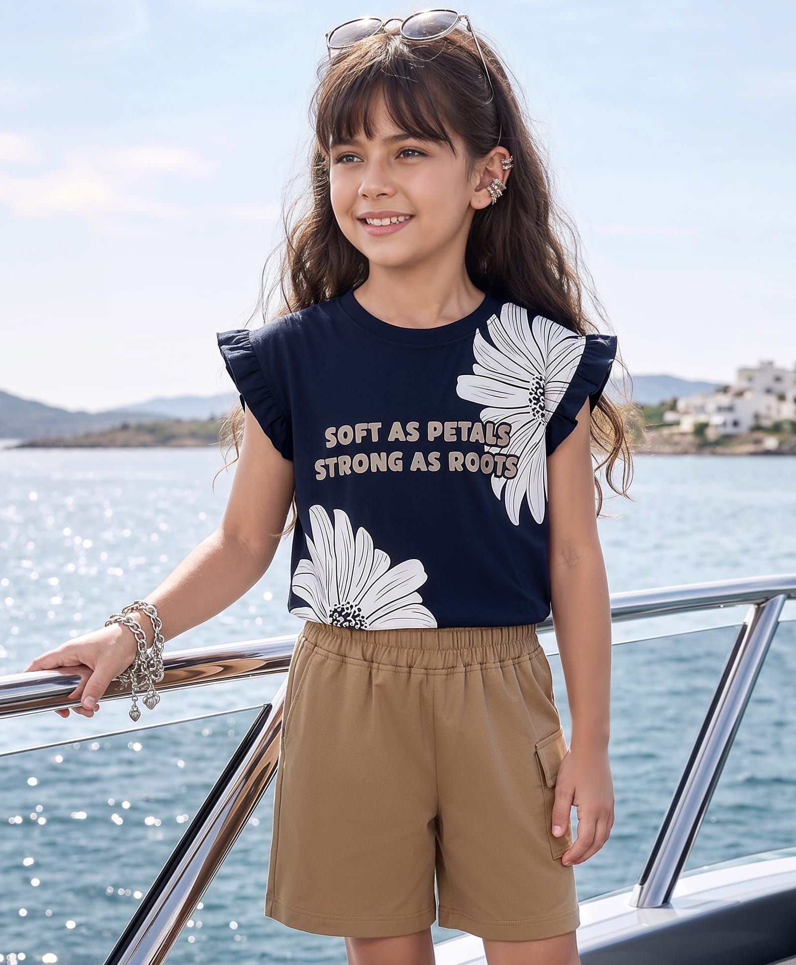 Ollington St. Girls Cotton Knit Half Sleeve Top With print & Shorts - Navy & Beige-image-36