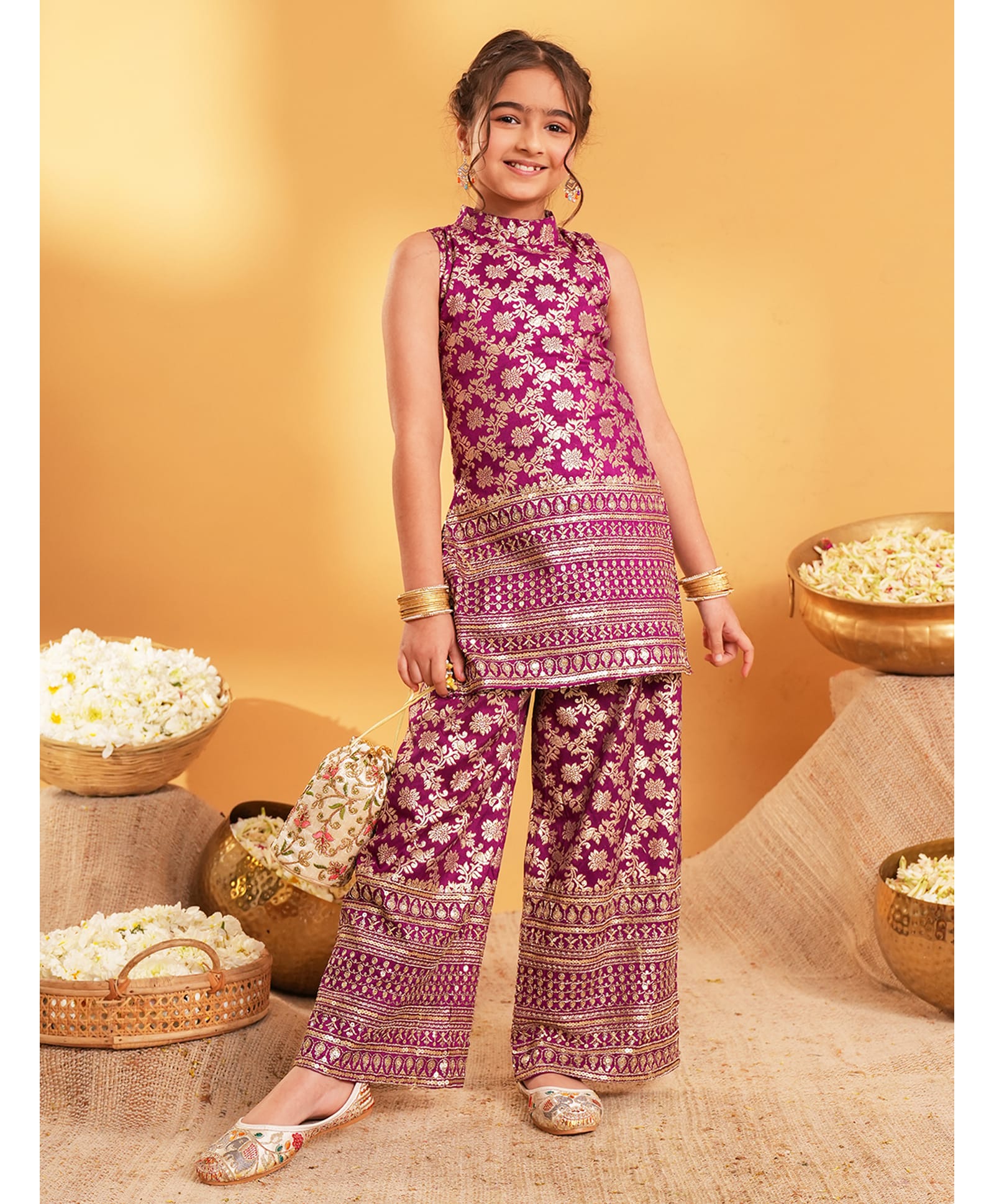 AJ Dezines Brocade Woven Sleeveless Floral Embroidered Kurti & Palazzo Set - Purple-picture-33