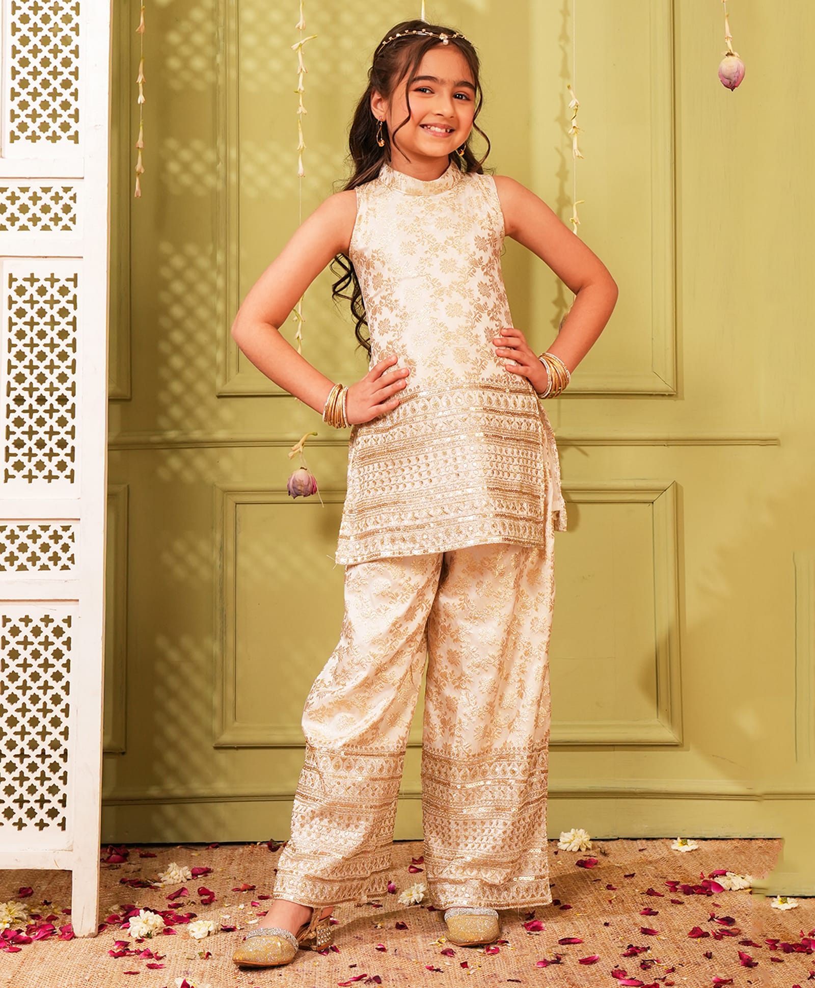 AJ Dezines Brocade Woven Sleeveless Floral Embroidered Kurti & Palazzo Set - White-picture-4