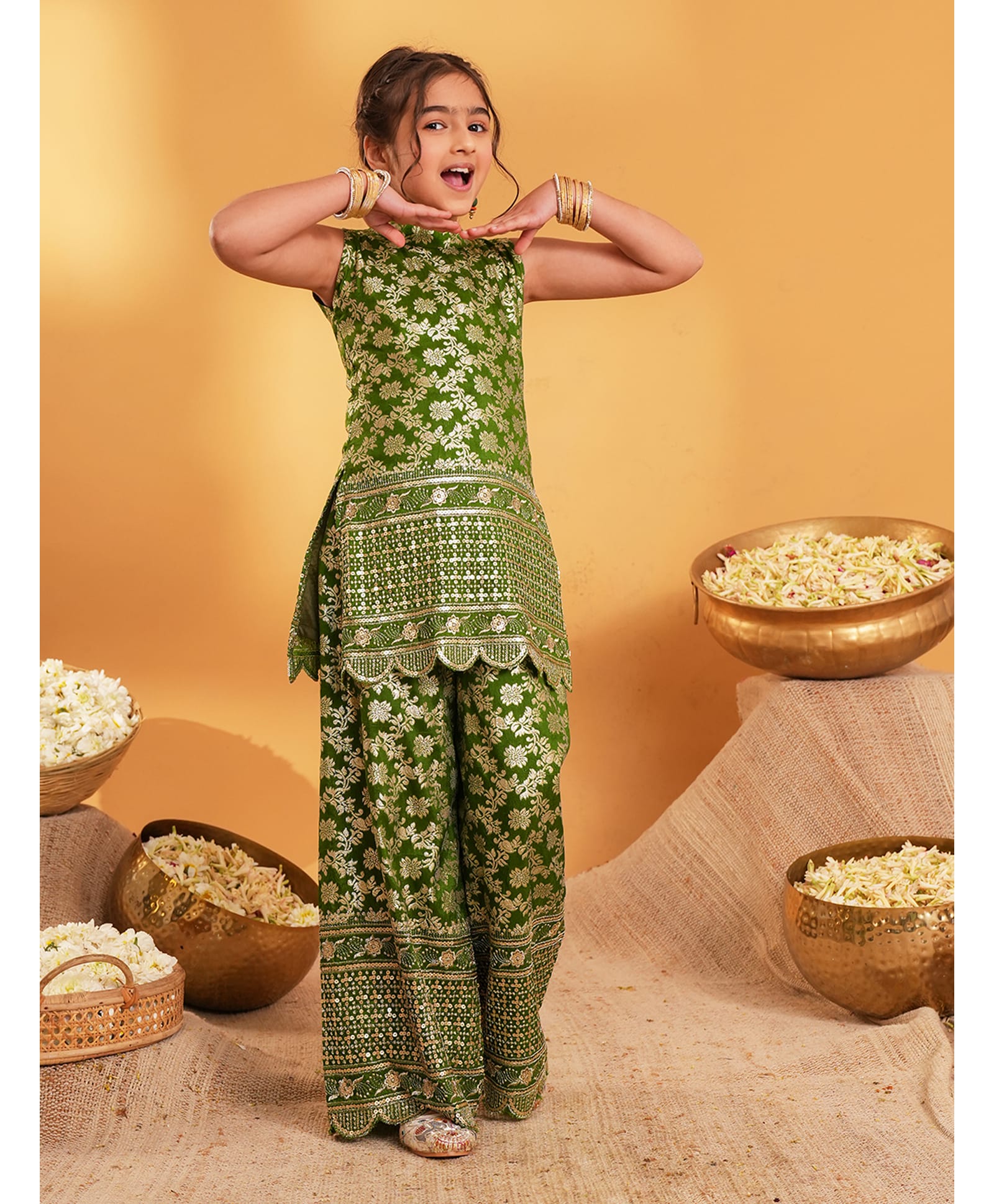 AJ Dezines Brocade Woven Sleeveless Floral Embroidered Kurti & Palazzo Set - Green-picture-31