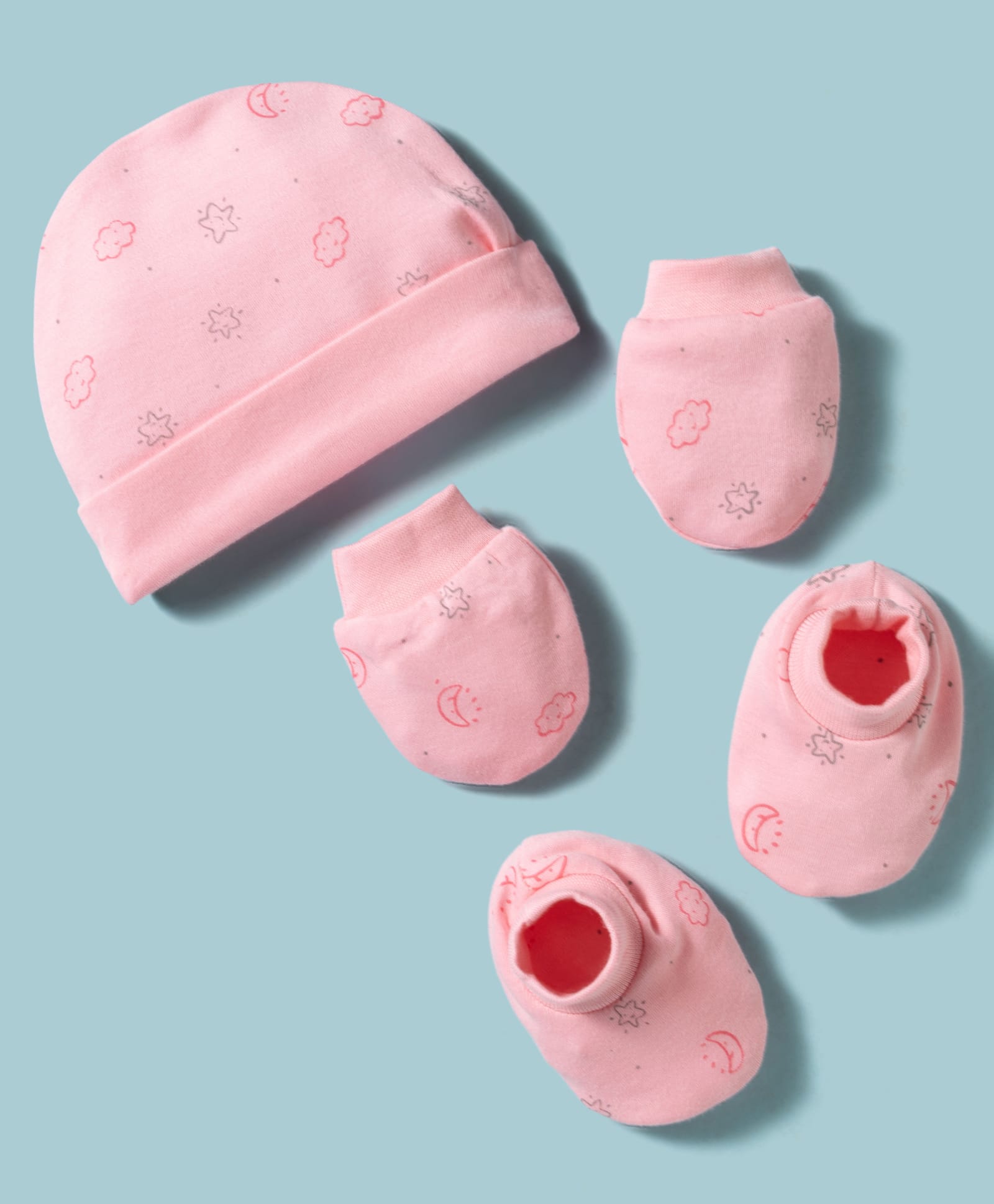 Simply Interlock Knit Cap Mitten & Booties With Star & Cloud Print Pink - Diameter 11 cm-image-34