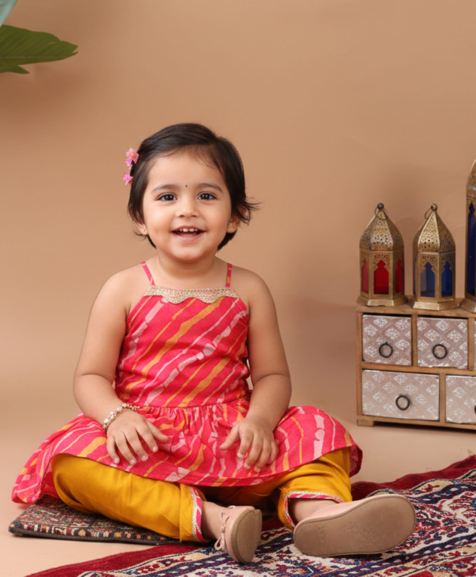 Kinder Kids Cotton Woven Sleeveless Leheriya Printed Kurti & Dhoti Set - Pink & Yellow-image-1