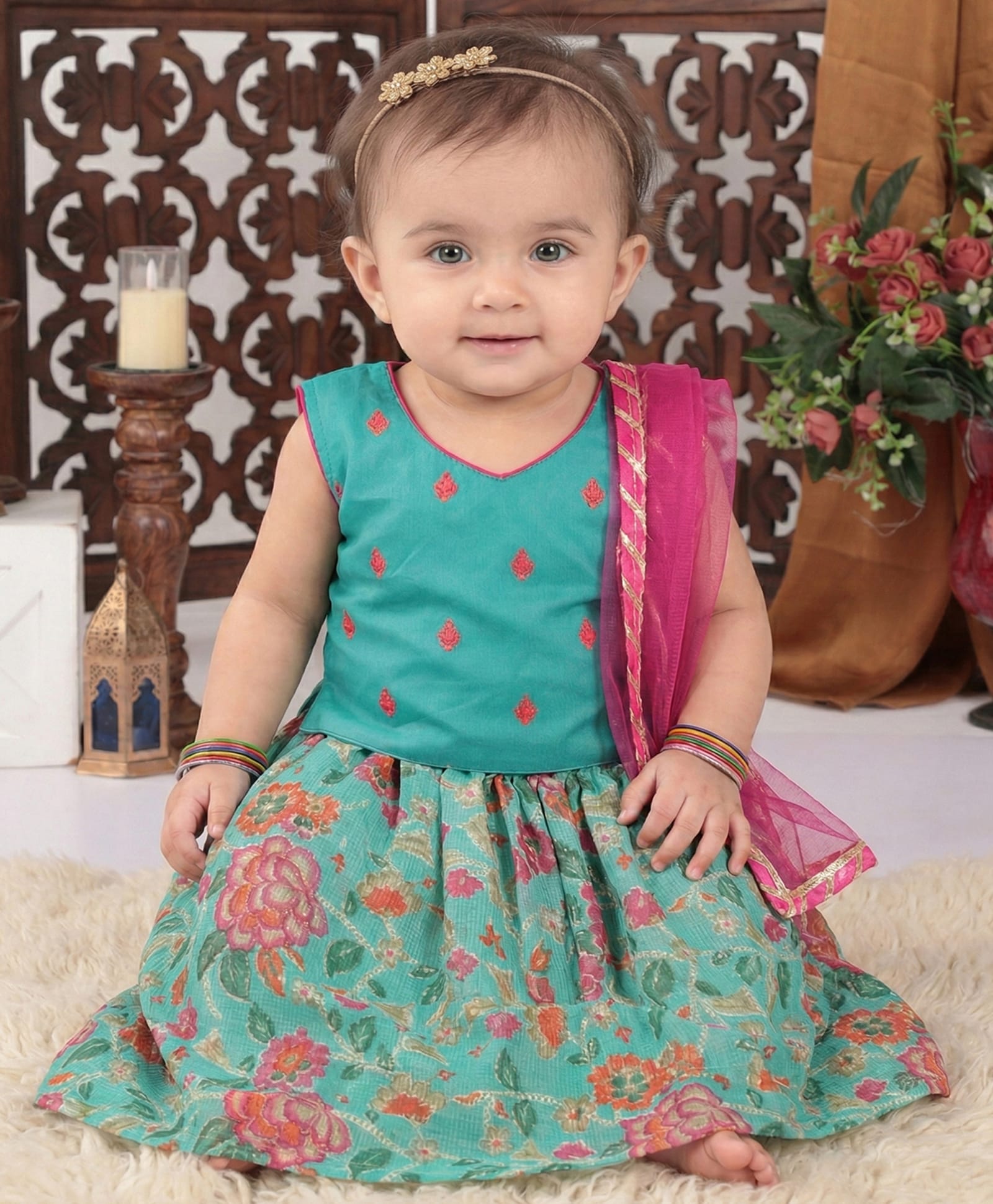 Kinder Kids Cotton Woven Sleeveless Floral Embroidered Lehenga & Choli With Dupatta Set - Blue-picture-26