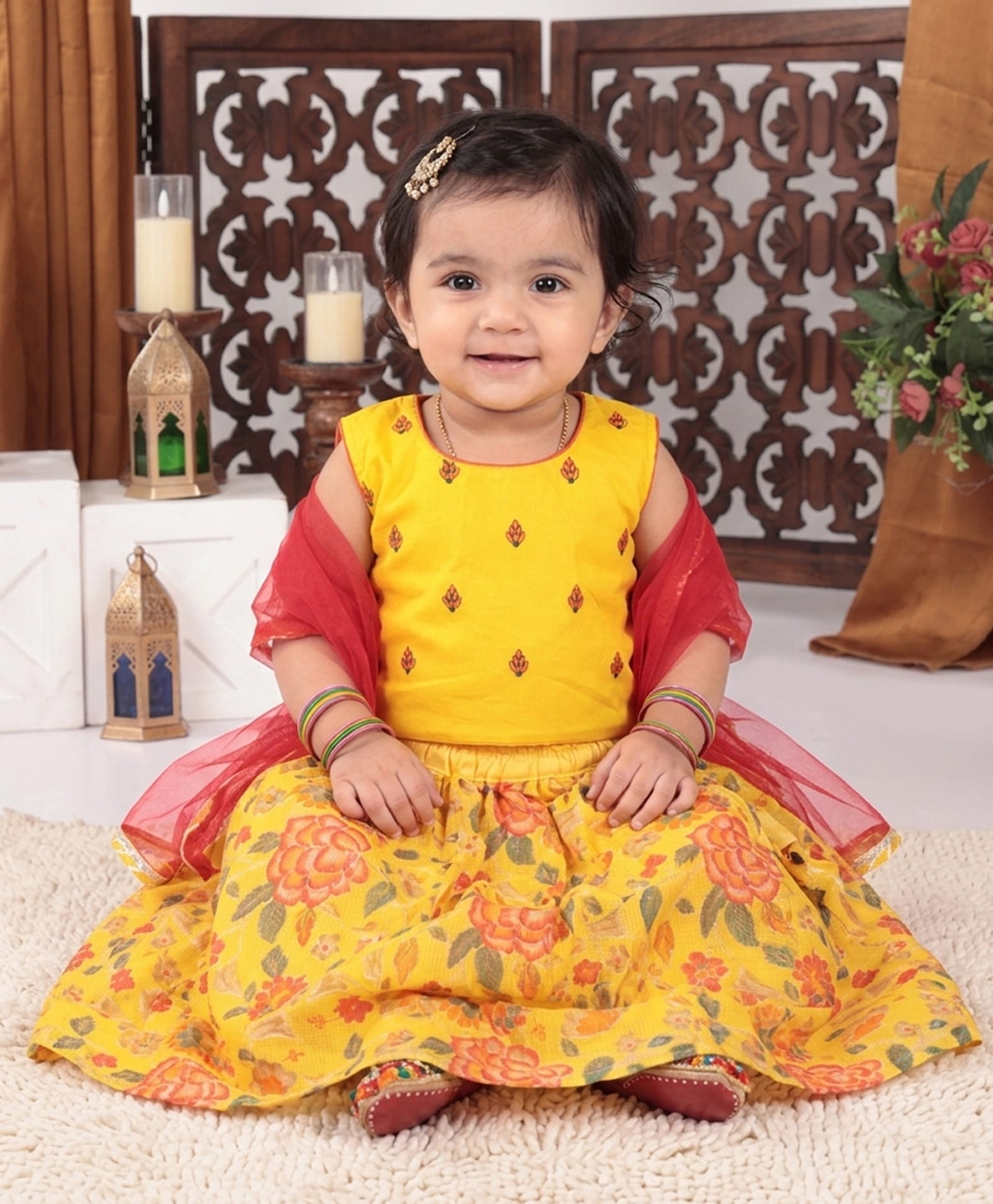 Kinder Kids Cotton Woven Sleeveless Floral Embroidered Lehenga & Choli With Dupatta Set - Yellow-image-38
