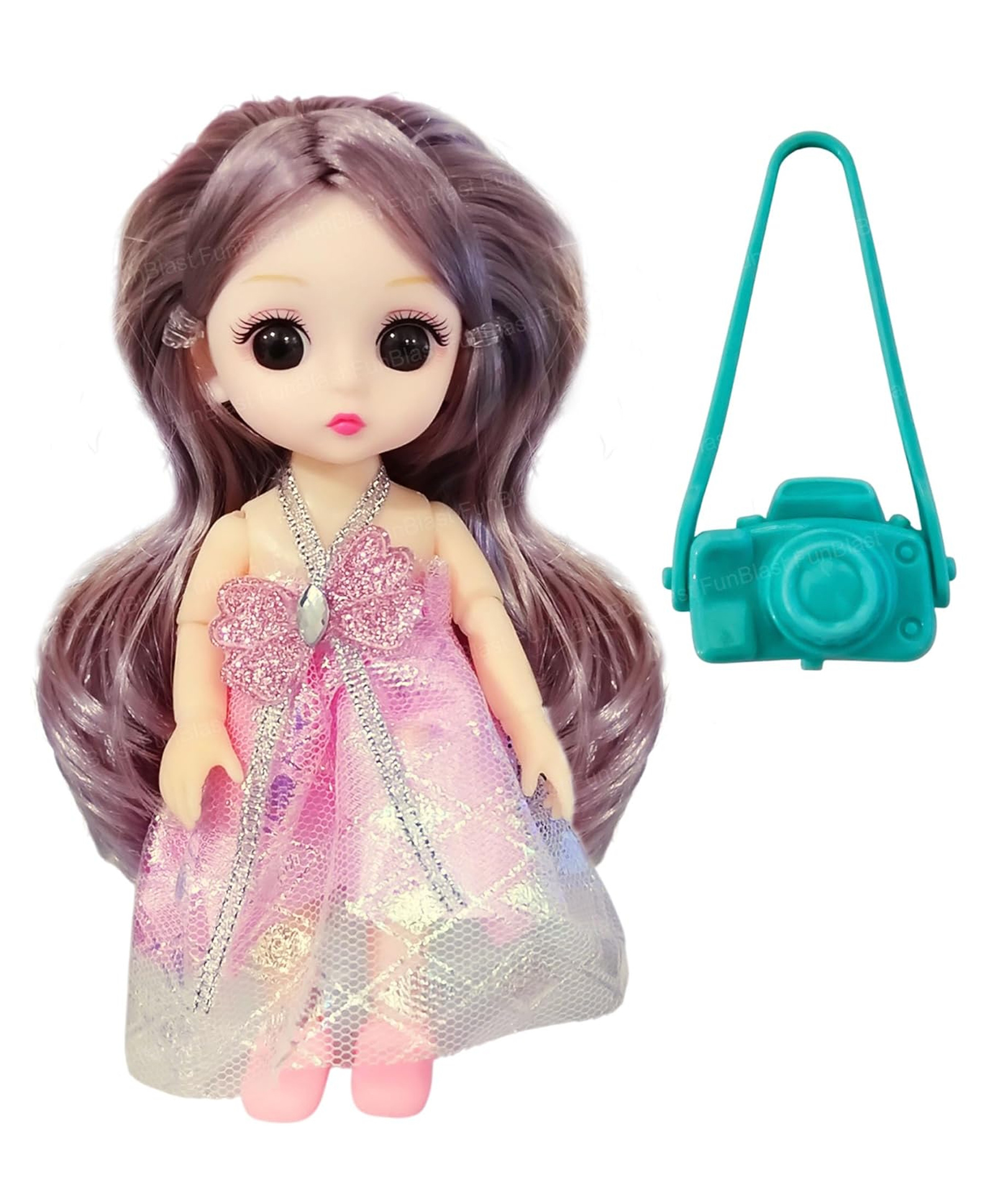FunBlast Height 15 cm Realistic Cute Doll with Long Hair, Beautiful Dress and a Small Camera Toy for Kids - Pink-picture-13