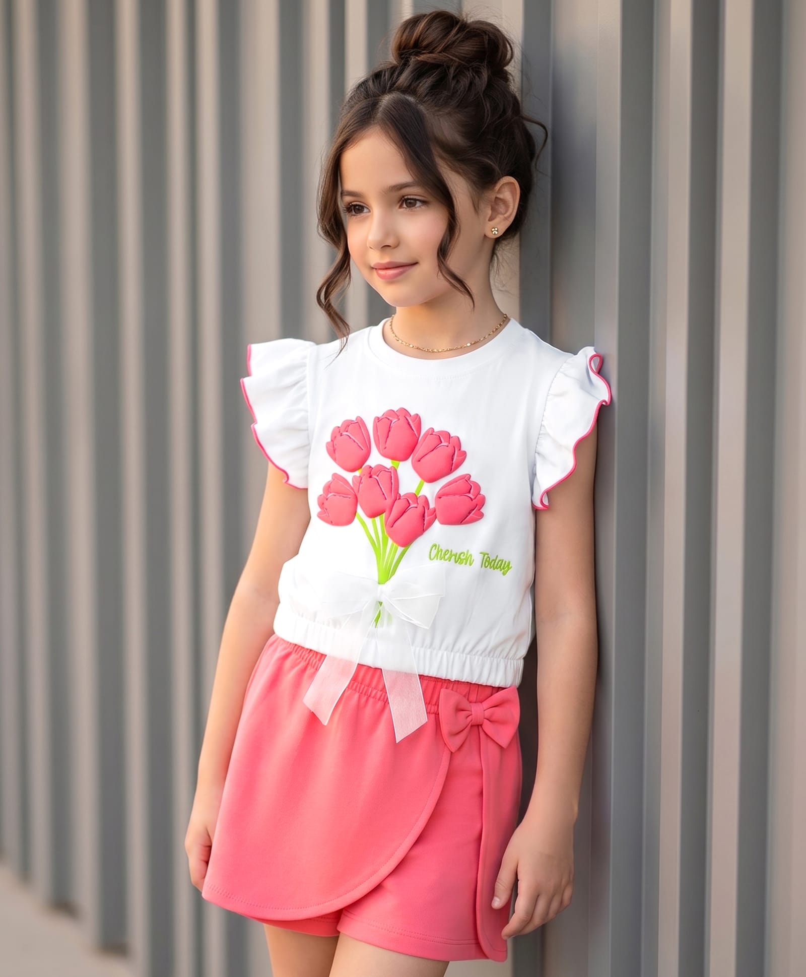 OLLINGTON ST. Sinker Knit Frill Sleeves Top & Skort Set With Floral Print - White & Pink-image-14