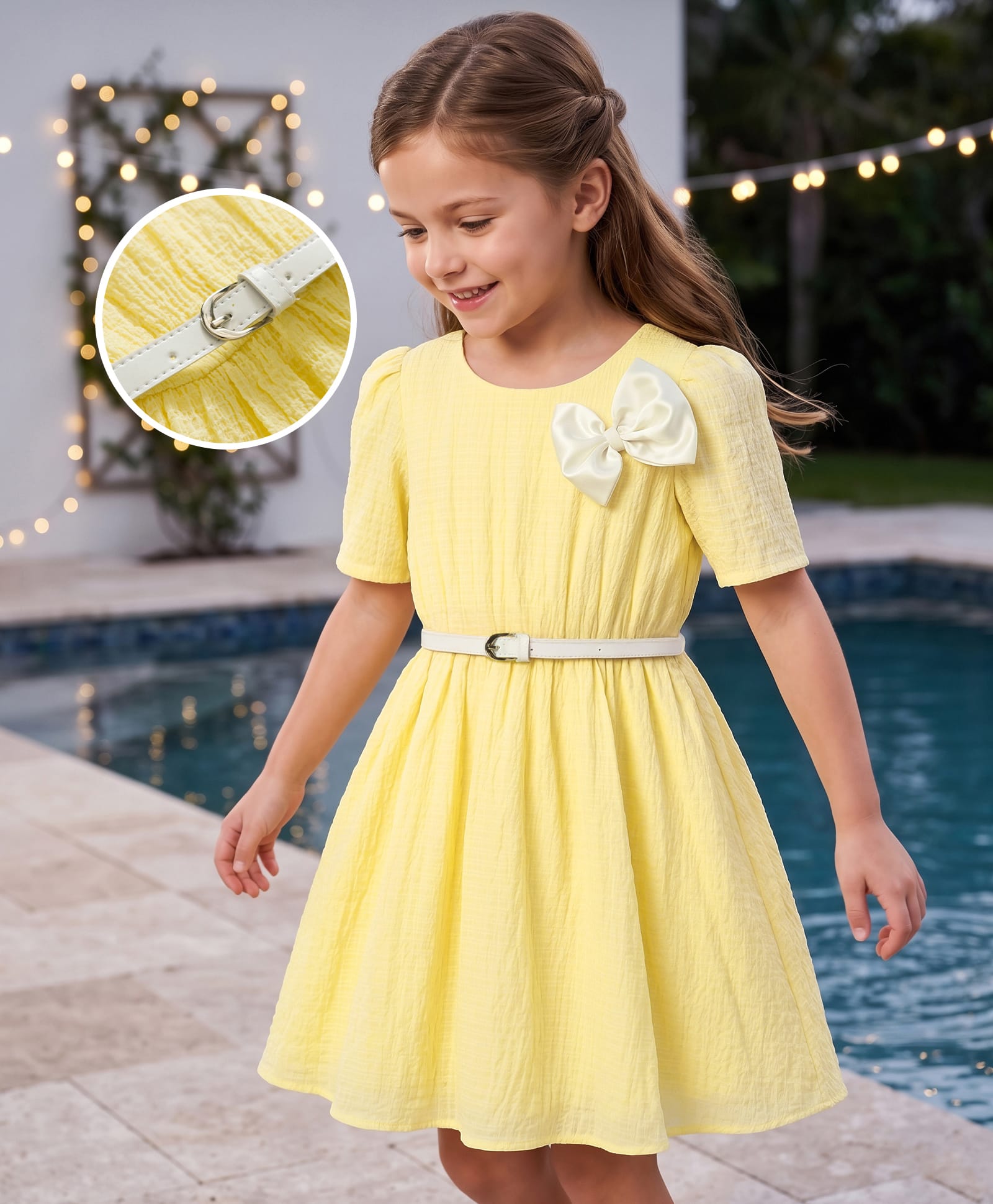 Hola Bonita Cotton Woven Dress with Half Sleeves and Belt Yellow 4-5 Years-image-47