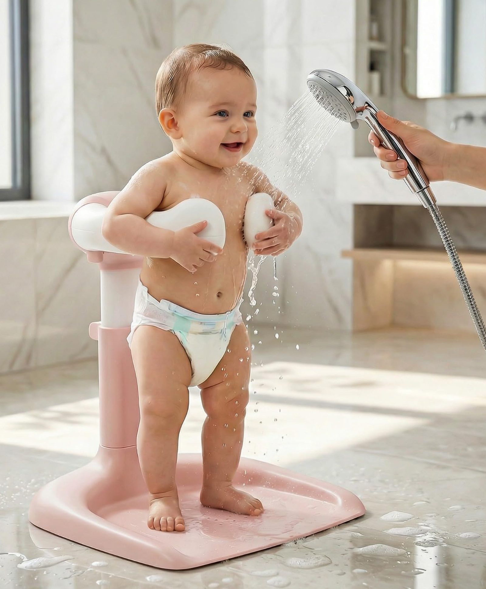 Baybee Standing Bather for Baby for 0 to 3 Years, Adjustable Height with 360° Support, Lightweight, Anti-Slip Base & Foldable Baby Shower (Pink)-picture-19