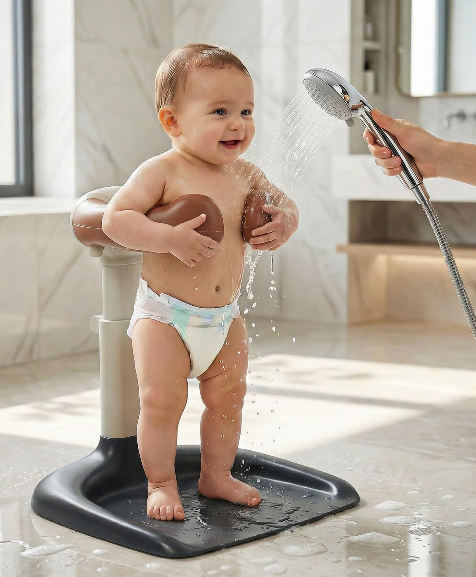 Baybee Standing Bather for Baby for 0 to 3 Years, Adjustable Height with 360° Support, Lightweight, Anti-Slip Base & Foldable Baby Shower (Brown)-picture-24