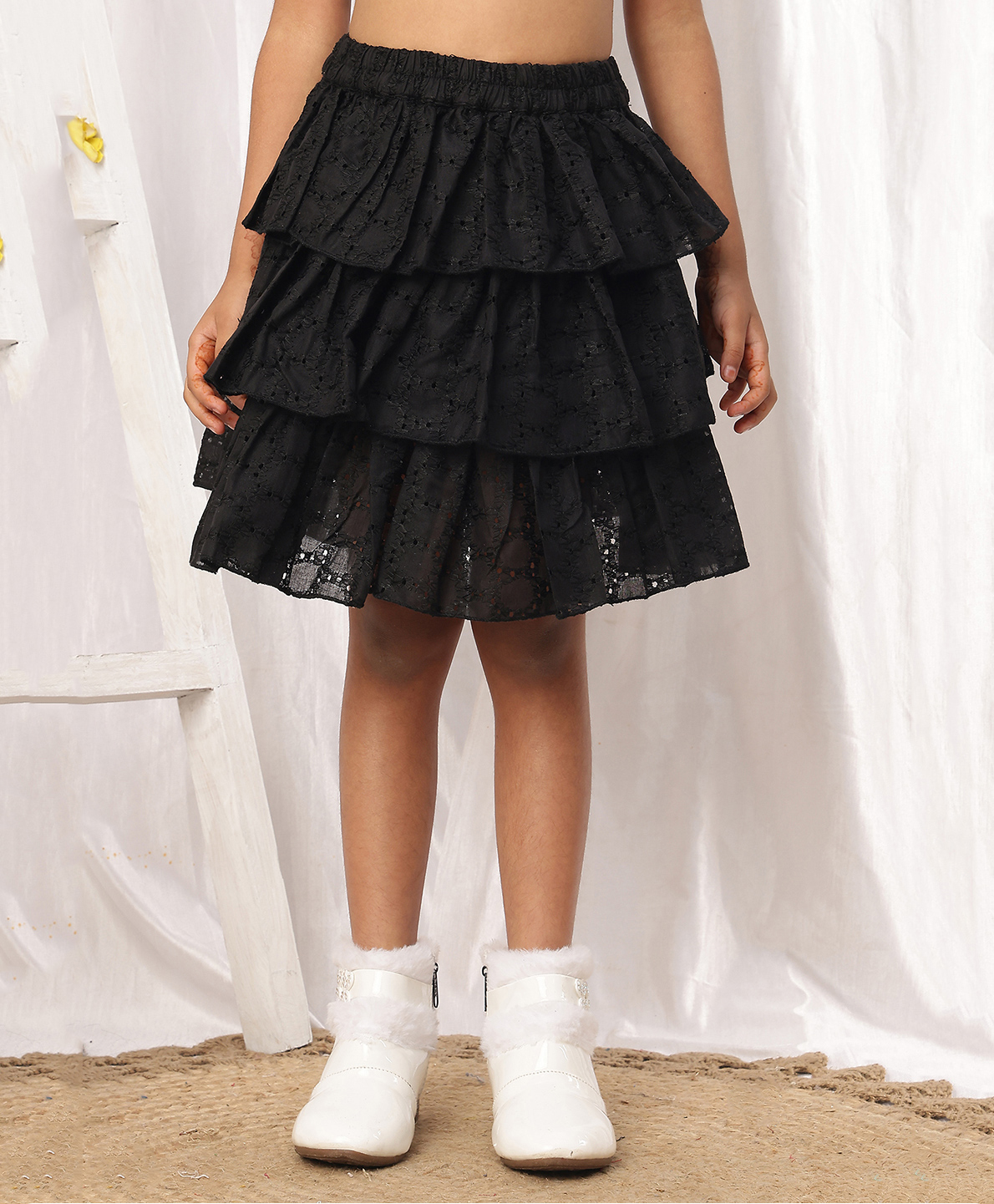 NEUDIS Cotton Woven Schiffli Embroidered Layered Skirt - Black-picture-37