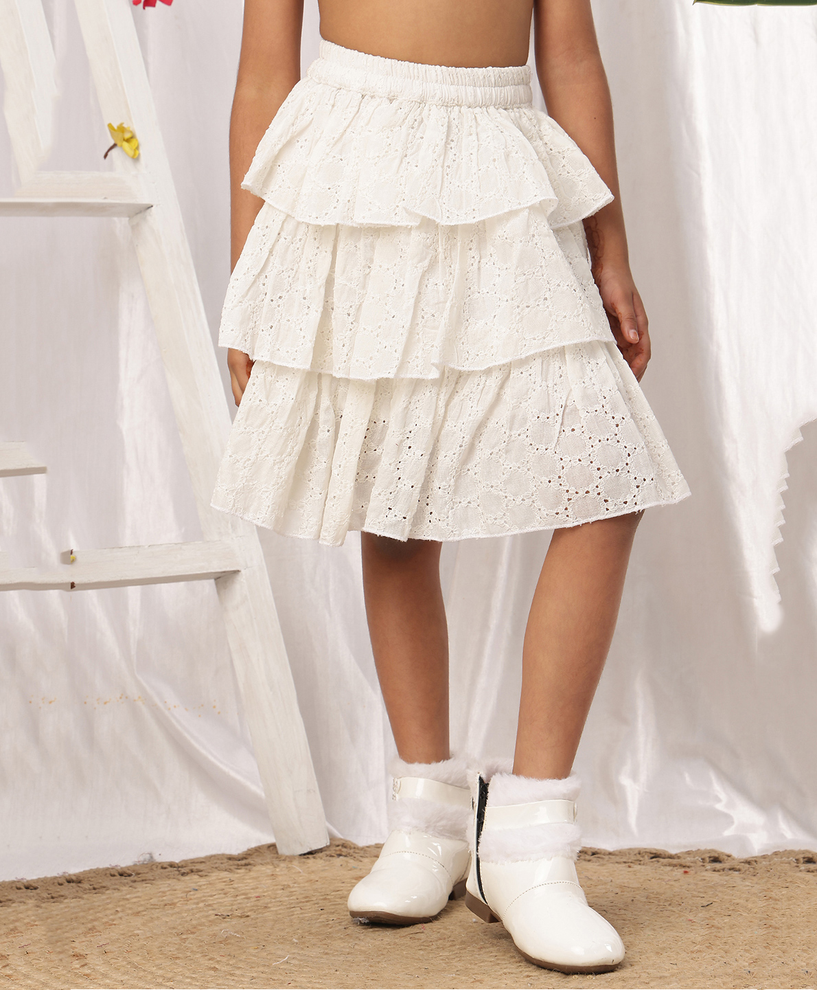 NEUDIS Cotton Woven Schiffli Embroidered Layered Skirt - White-picture-26