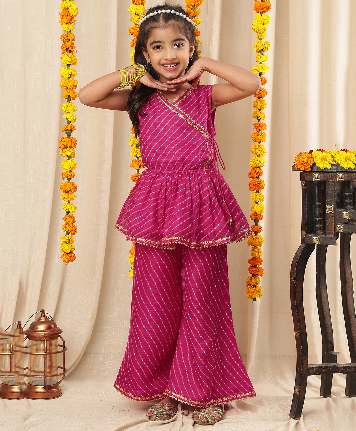 NEUDIS Cotton Blend Woven Sleeveless Leheriya Printed Lace Embellished Kurti & Palazzo Set - Magenta-picture-12