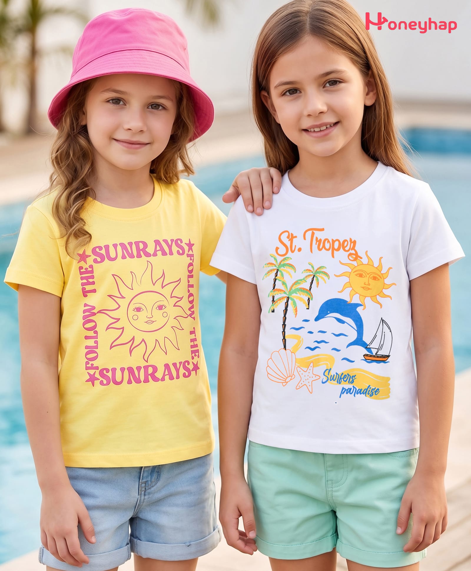 Honeyhap Premium 100% Cotton Knit Half Sleeves T-Shirts with Bio Finish & Beach Theme Print Pack of 2 - Bright White & Lemon Drop-image-22