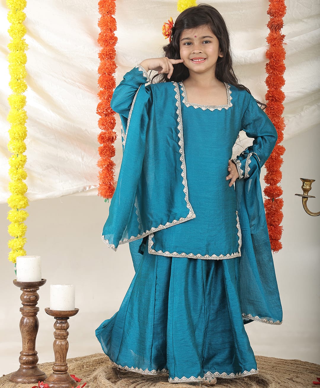 superminis silk woven full sleeves lace embellished kurti & sharara with dupatta set - teal blue