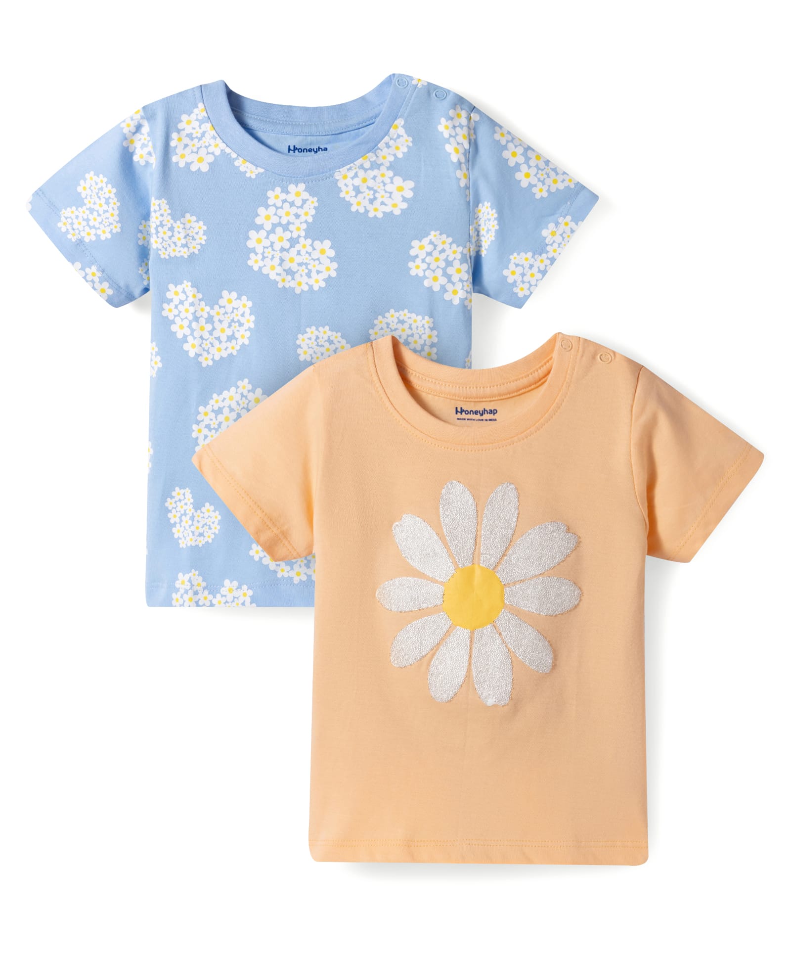 Honeyhap Premium 100% Cotton Knit Half Sleeves T-Shirt With Bio Finish & Floral Print Pack of 2 - Dutch Canal & Peach Parfait-image-41