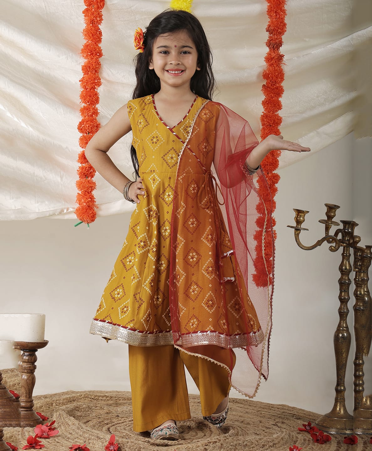 Superminis Silk Woven Sleeveless Bandhani Printed Lace Embellished Kurti & Palazzo Set With Dupatta - Yellow-picture-29