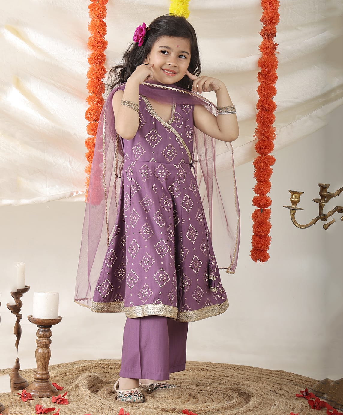 Superminis Silk Woven Sleeveless Bandhani Printed Lace Embellished Kurti & Palazzo Set With Dupatta - Purple-picture-29