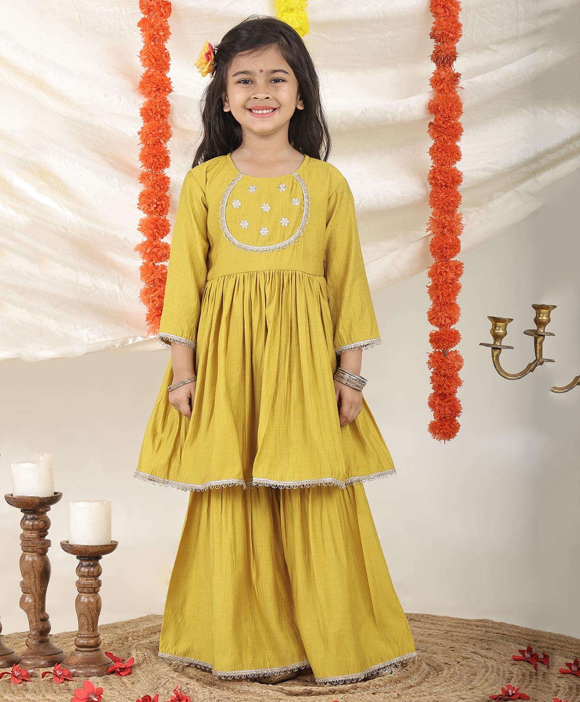 Superminis Silk Woven Three Fourth Sleeves Lace Embellished Kurti & Sharara Set - Mustard-image-31