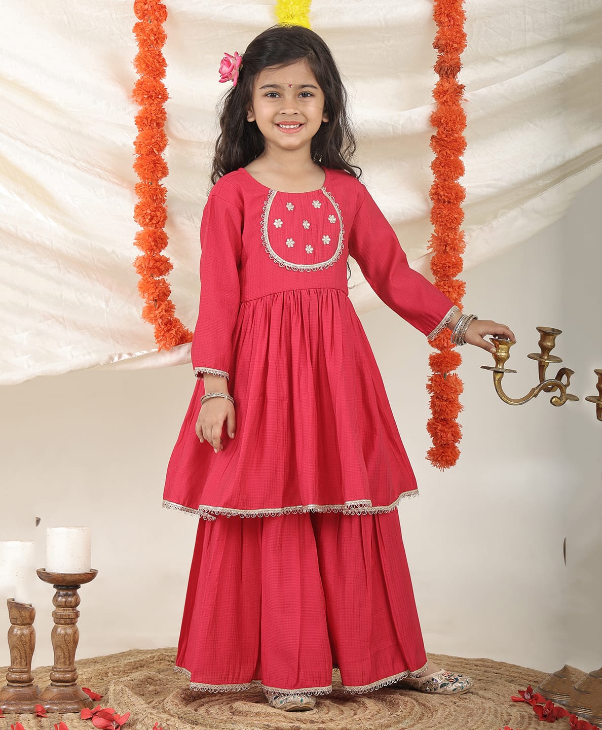 Superminis Silk Woven Three Fourth Sleeves Lace Embellished Kurti & Sharara Set - Magenta-picture-49