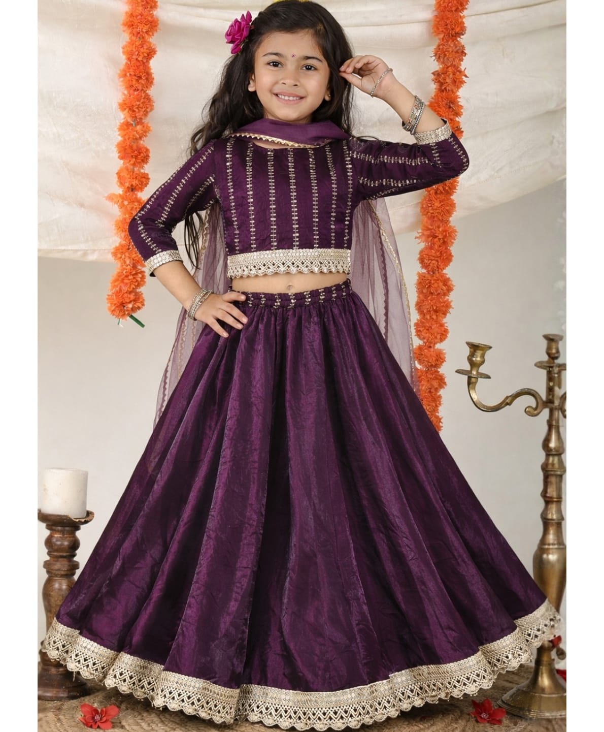 Superminis Silk Woven Three Fourth Sleeves Sequins & Lace Embellished Lehenga & Choli Set With Dupatta - Purple-image-19