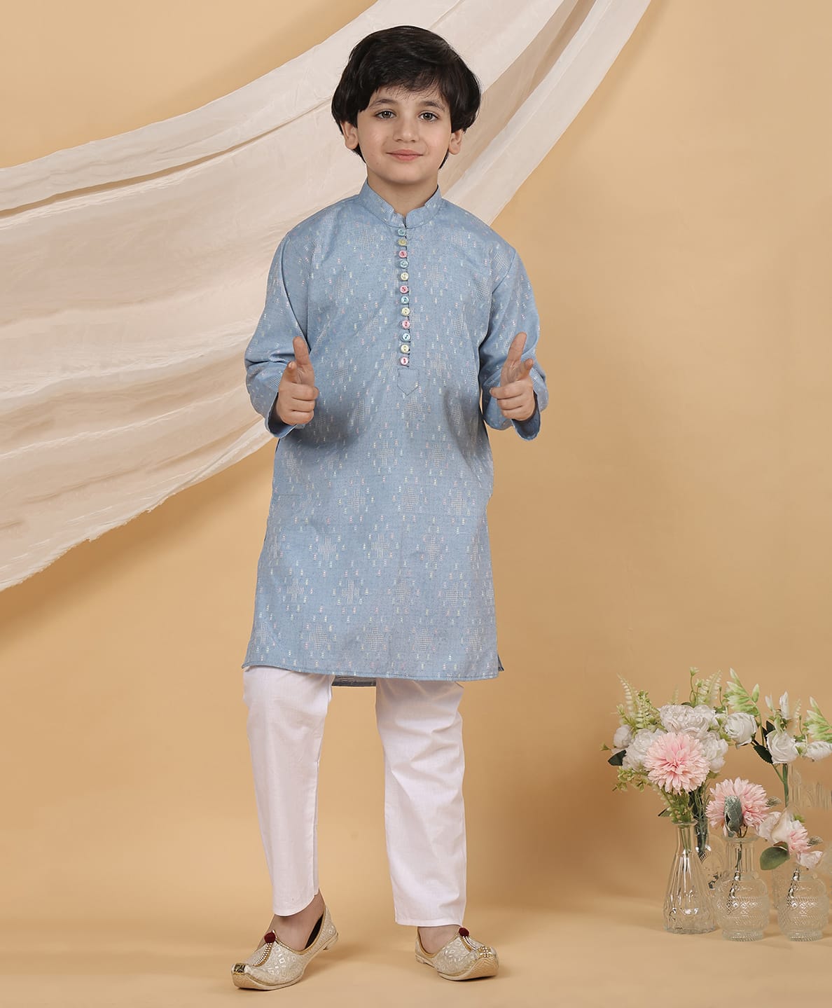 Superminis Cotton Blend Woven Full Sleeves Abstract Embroidered Kurta & Pyjama Set - Blue-picture-27
