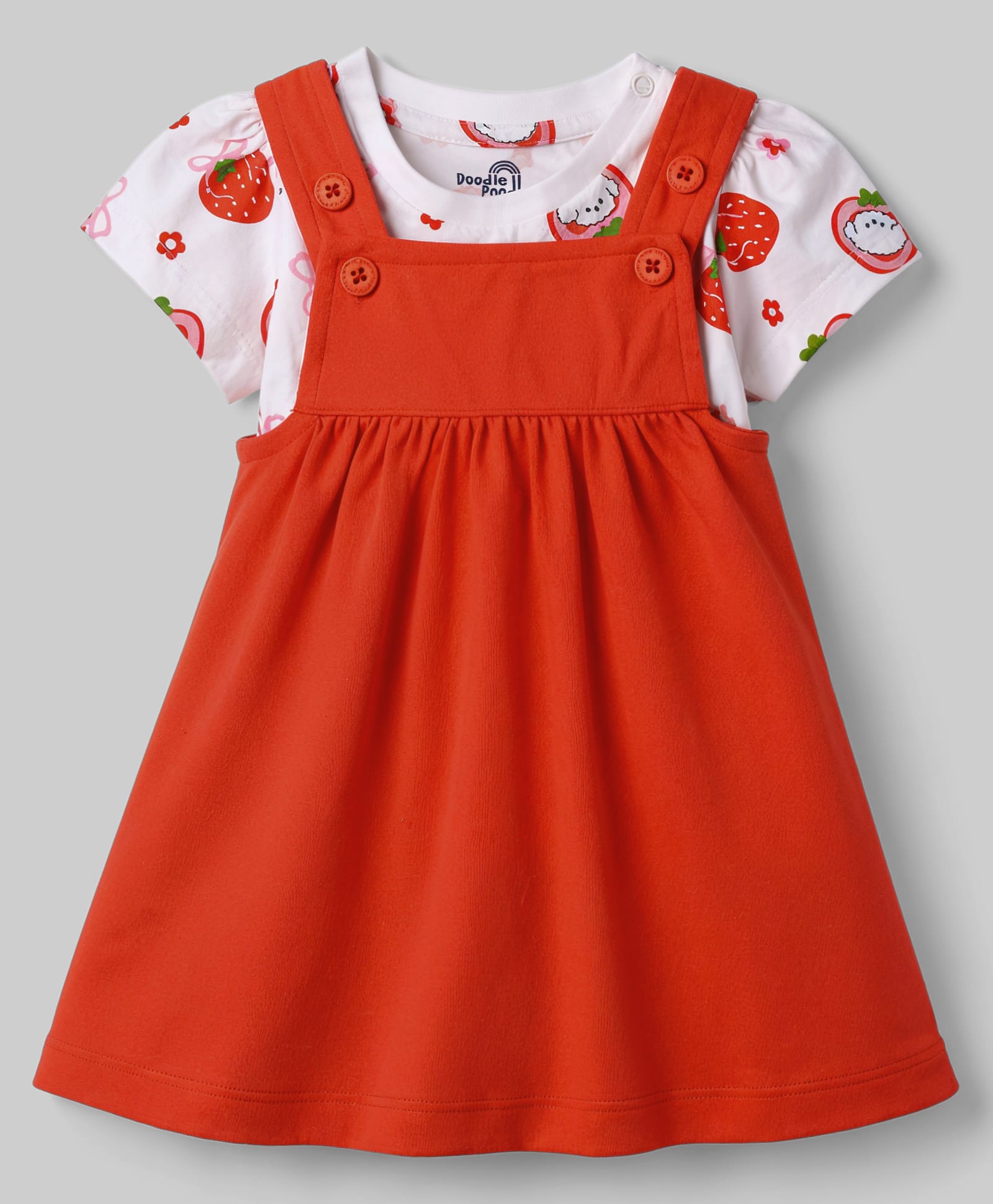 Doodle Poodle Cotton Knit Frock with Inner Tee Print White 0-3 Months-image-9