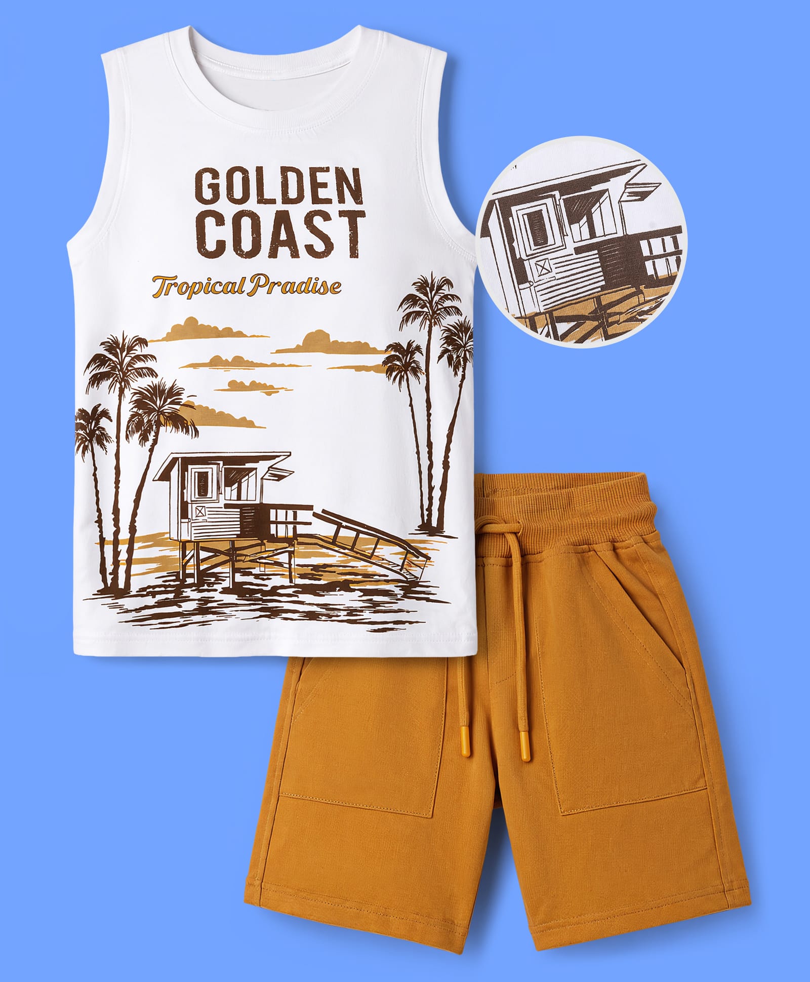 OLLINGTON ST. Set Of Cotton Knit Sleeveless T-Shirt With Print & Shorts - Multicolour-image-16