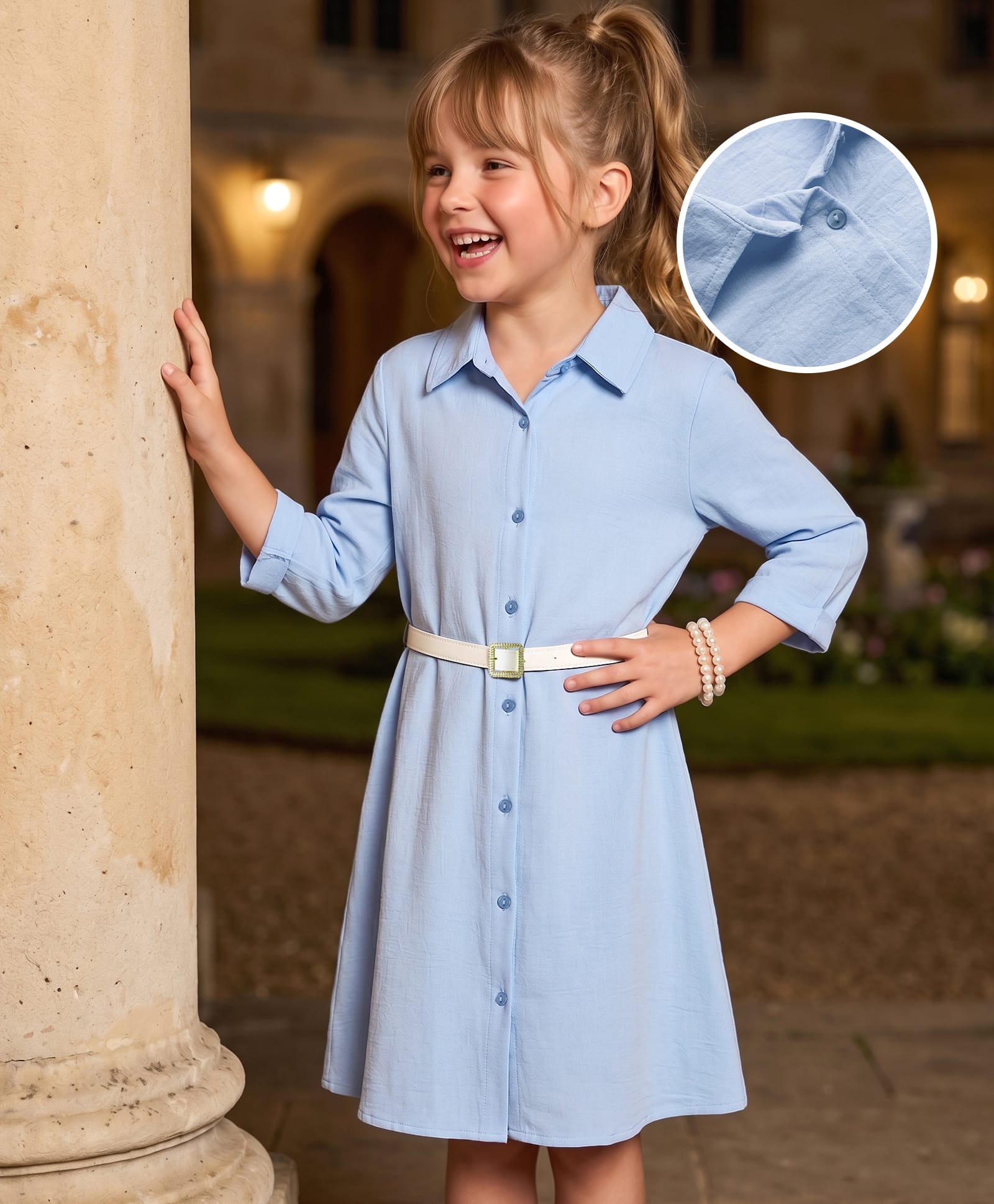 Hola Bonita Knit Full Sleeves Solid Shirt Dress With Belt - Light Blue-image-20