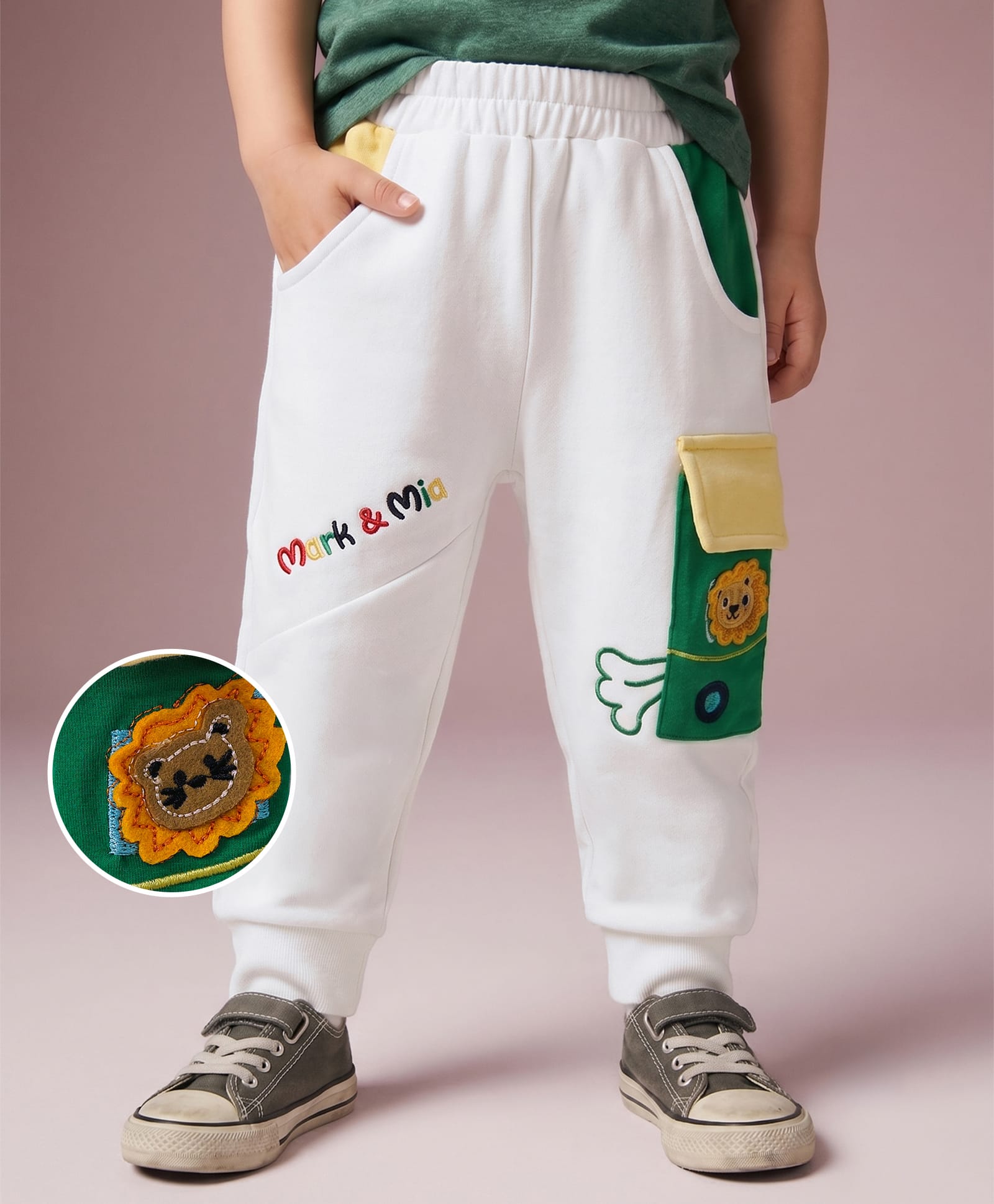 Mark & Mia Cotton Full Length Lounge Pant with Lion Patch - Cream-picture-28