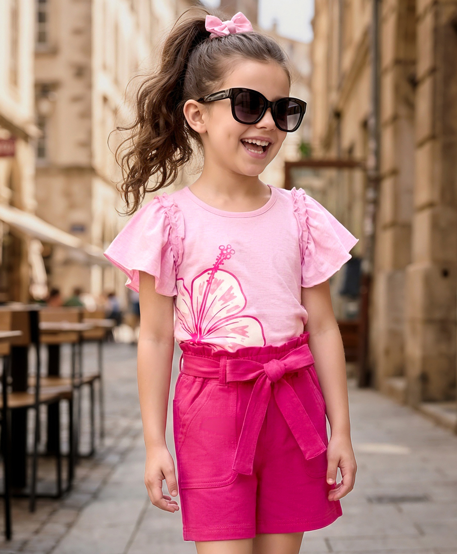 OLLINGTON ST. Cotton Knit Half Sleeves Top With Floral Print & Shorts Set with Belt - Pink & Burgundy-picture-11