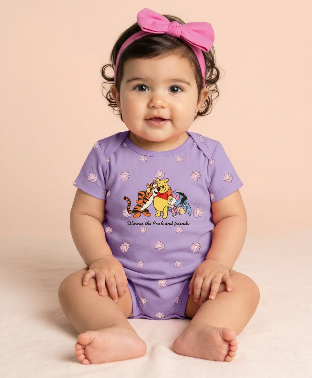 Nautinati Cotton Woven Winnie The Pooh Featuring Half Sleeves Characters Printed Romper - Lavender-picture-1