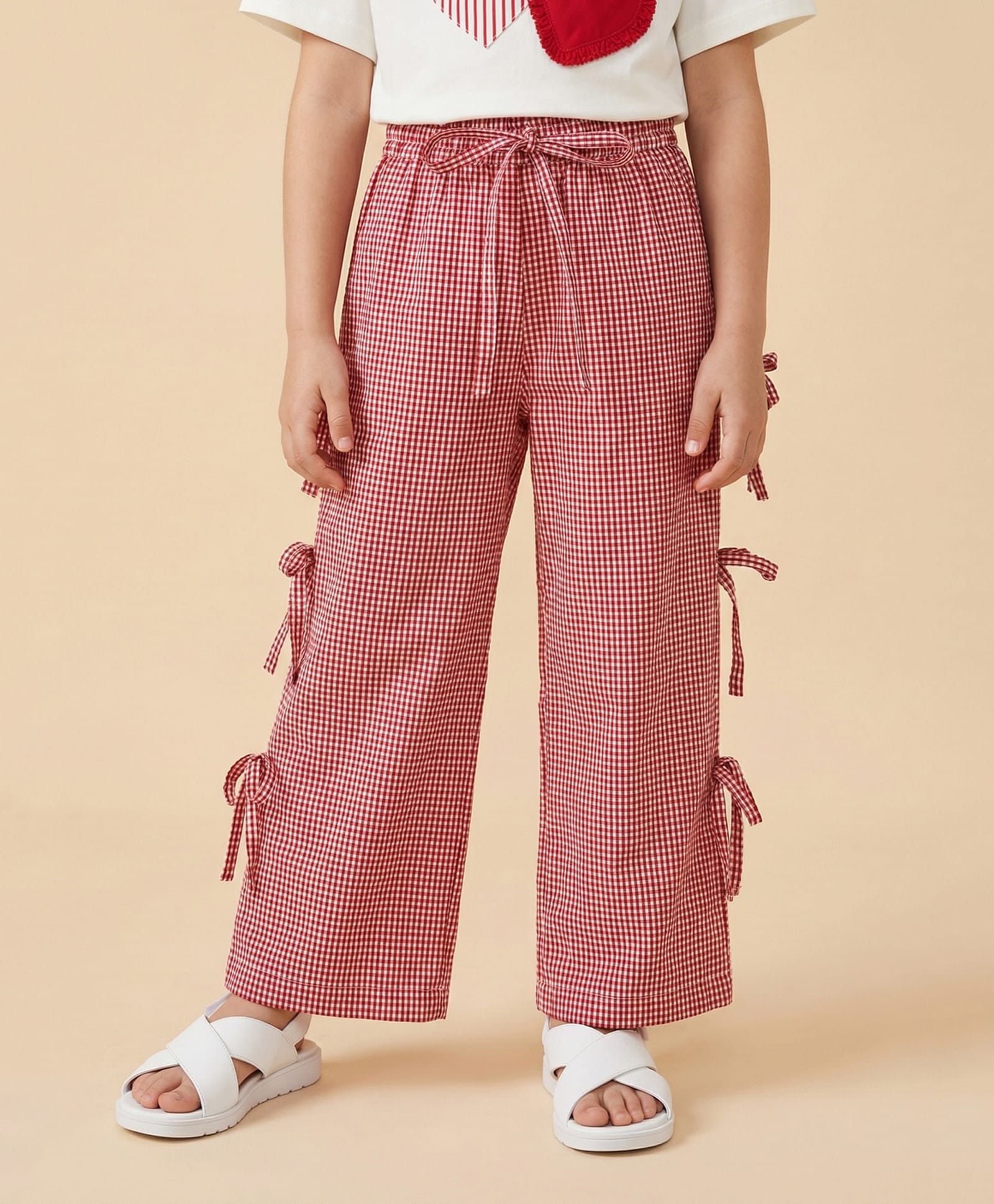 Nautinati Woven Checked & Side Bow Embellished Pants - Red-picture-12