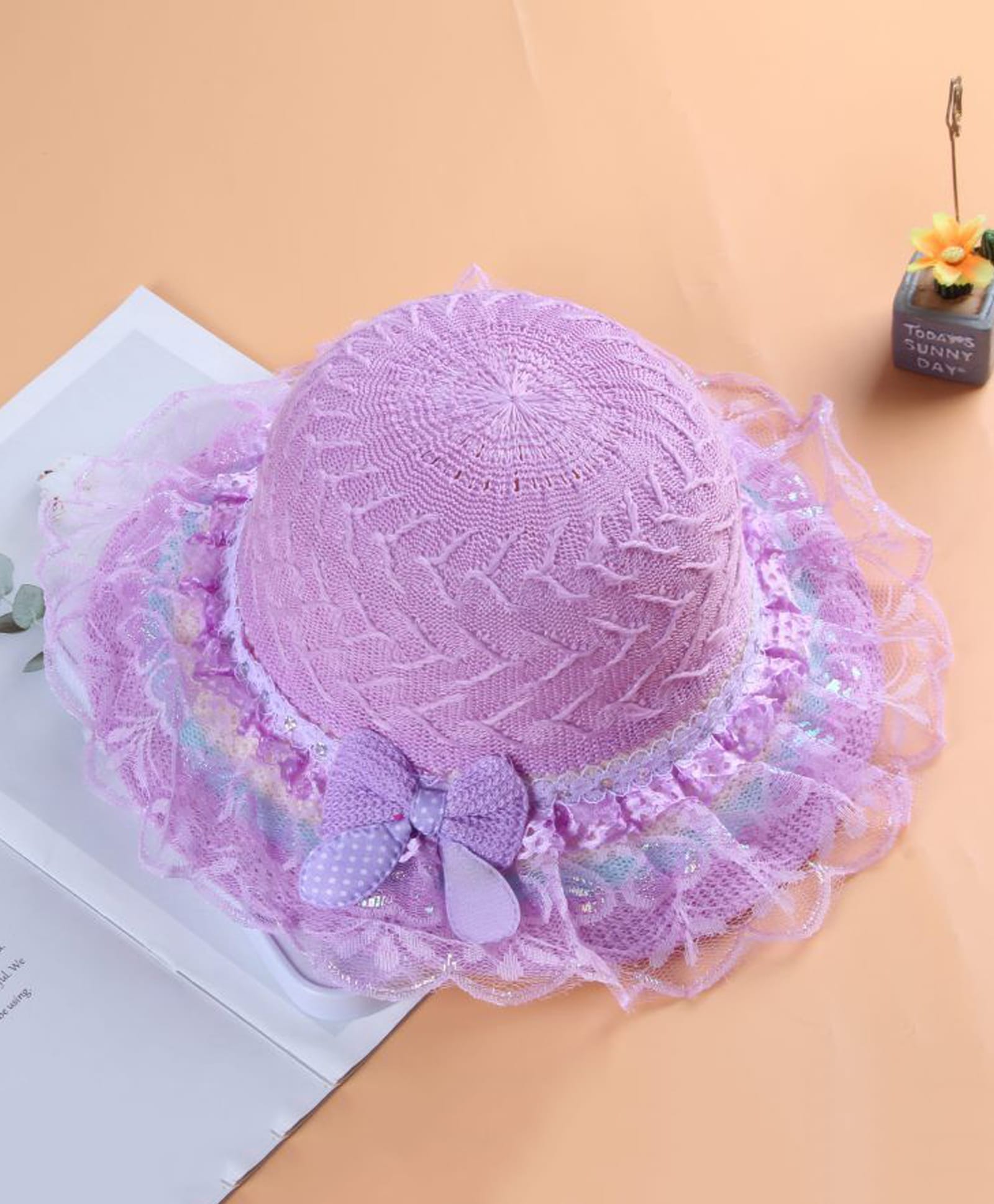 Babymoon Woven Bow Applique & Frill Detailed Cap - Purple - Circumference 54 Cm-picture-13